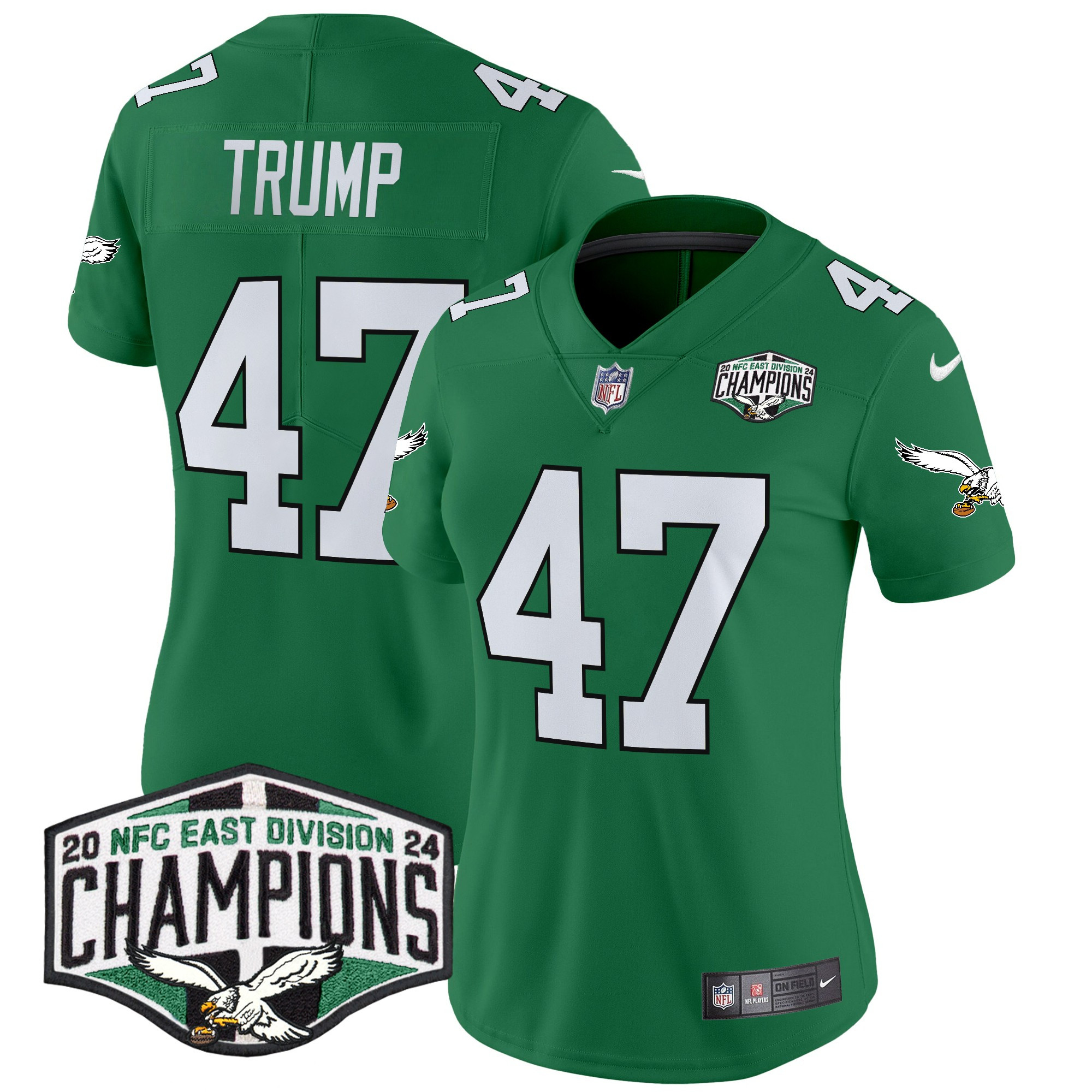 Women's Donald Trump Philadelphia Eagles Kelly Green 2024 NFC East Division Champions Vapor Limited Kelly Green Jersey - All Stitched
