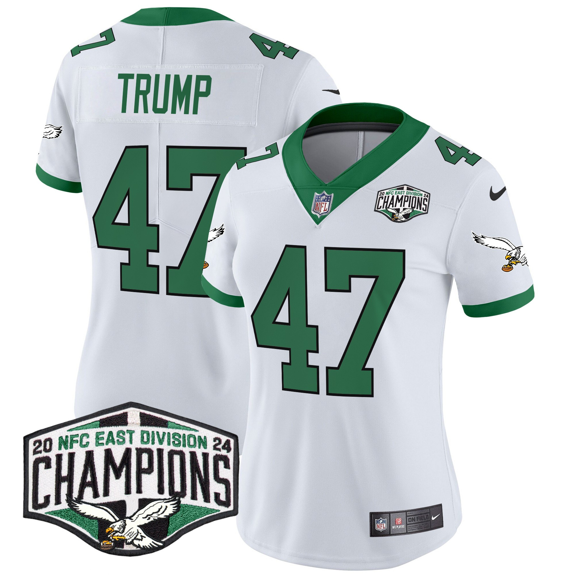 Women's Donald Trump Philadelphia Eagles Kelly Green 2024 NFC East Division Champions Vapor Limited Kelly White Jersey - All Stitched