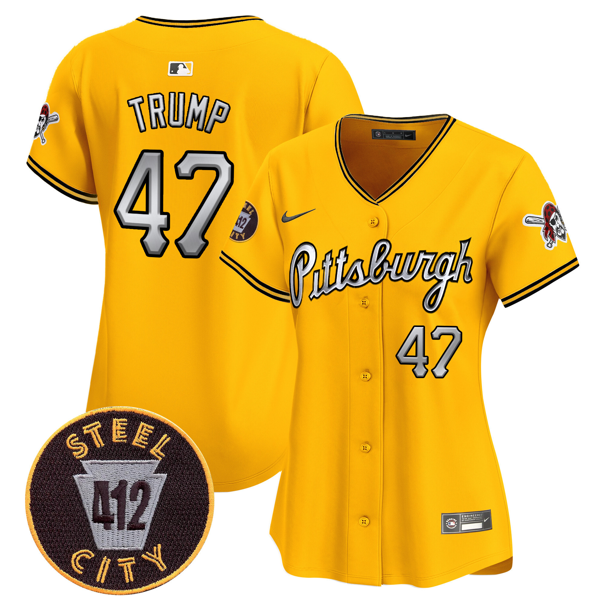 Women's Donald Trump Pittsburgh Pirates 412 Patch Vapor Premier Limited Gold Jersey V7 - All Stitched