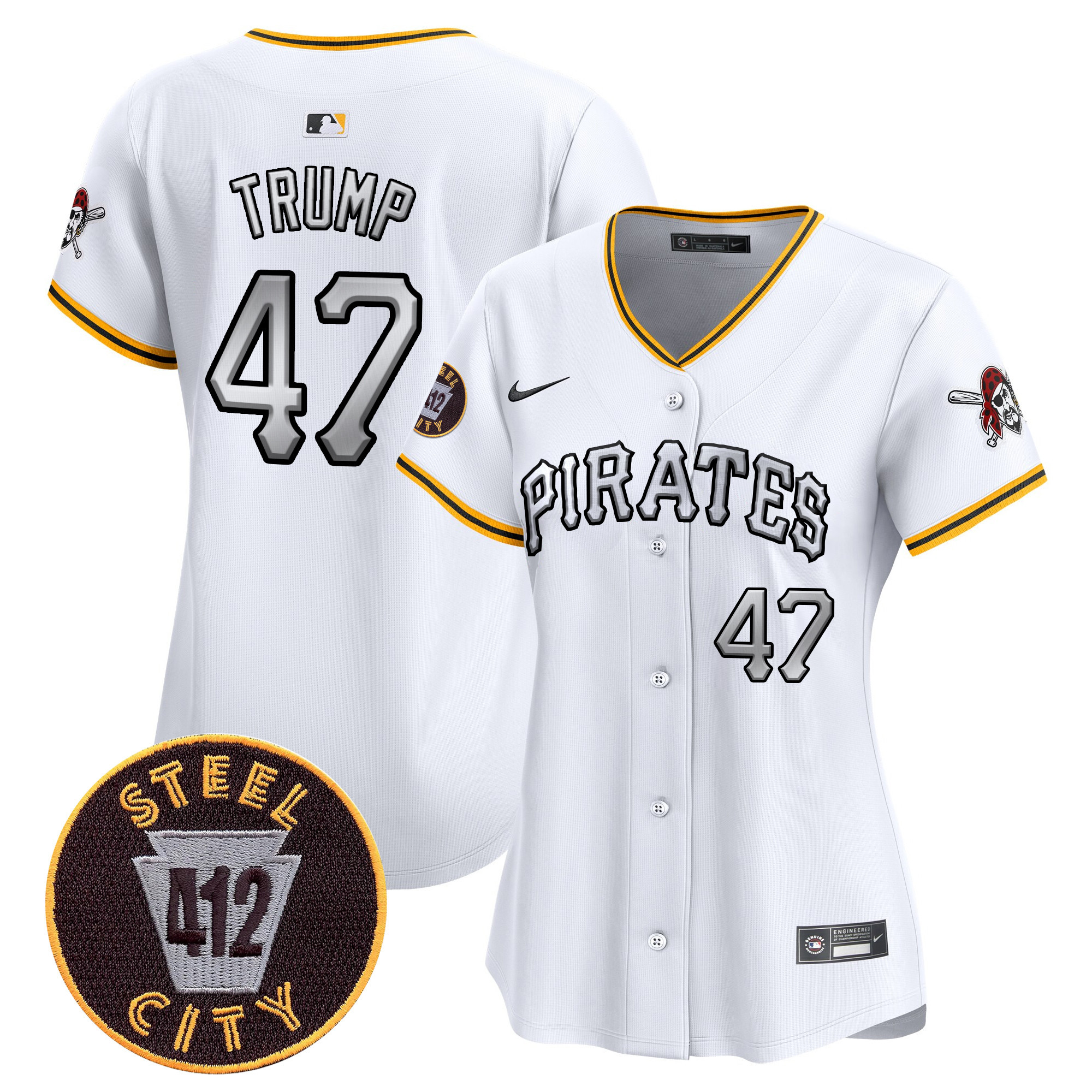 Women's Donald Trump Pittsburgh Pirates 412 Patch Vapor Premier Limited White Jersey V6 - All Stitched