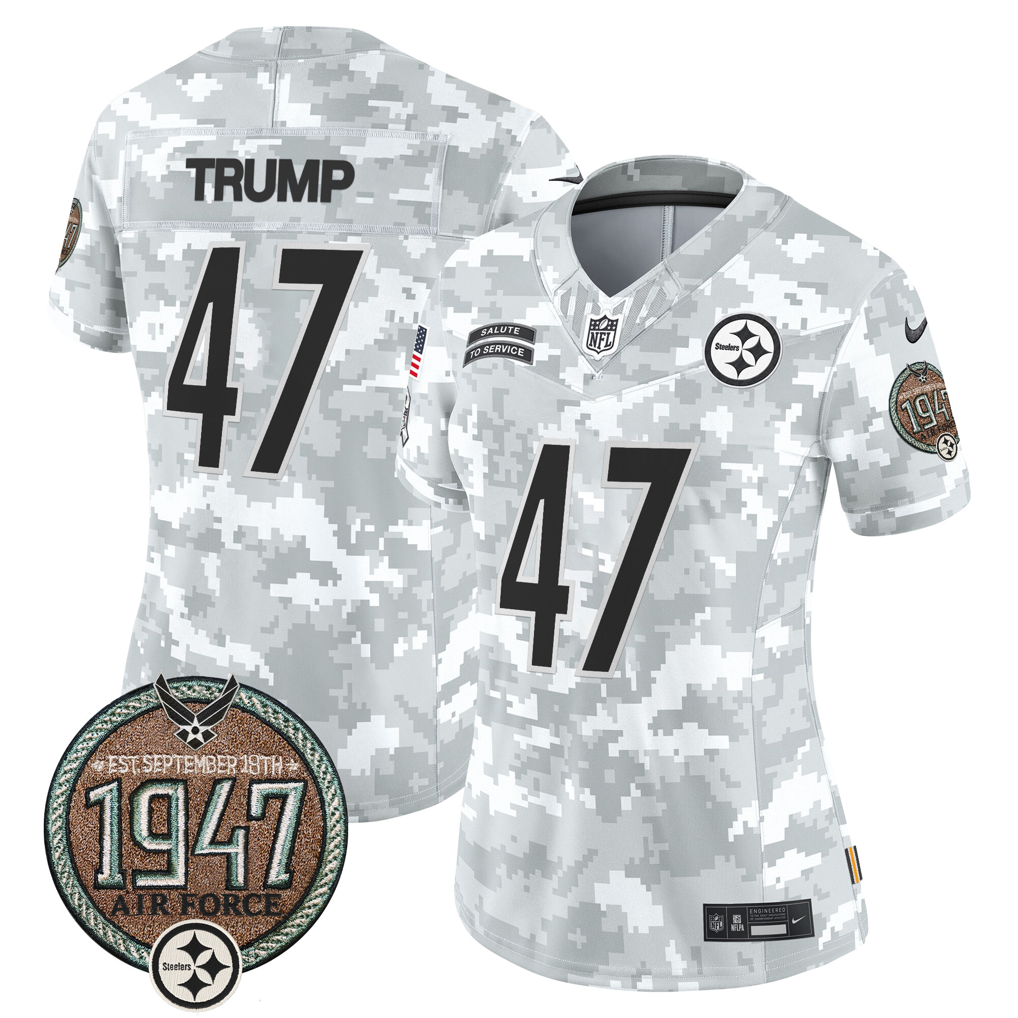Women's Donald Trump Pittsburgh Steelers 2024 Salute to Service Establishment Year Patch Vapor Limited Air Force Jersey - All Stitched