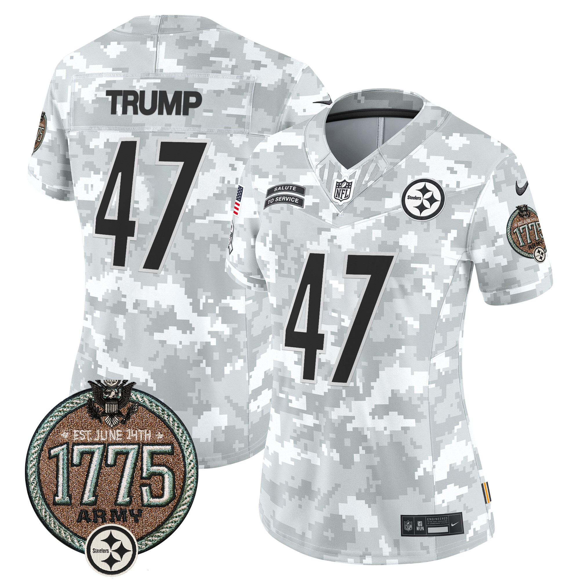 Women's Donald Trump Pittsburgh Steelers 2024 Salute to Service Establishment Year Patch Vapor Limited Army Jersey - All Stitched