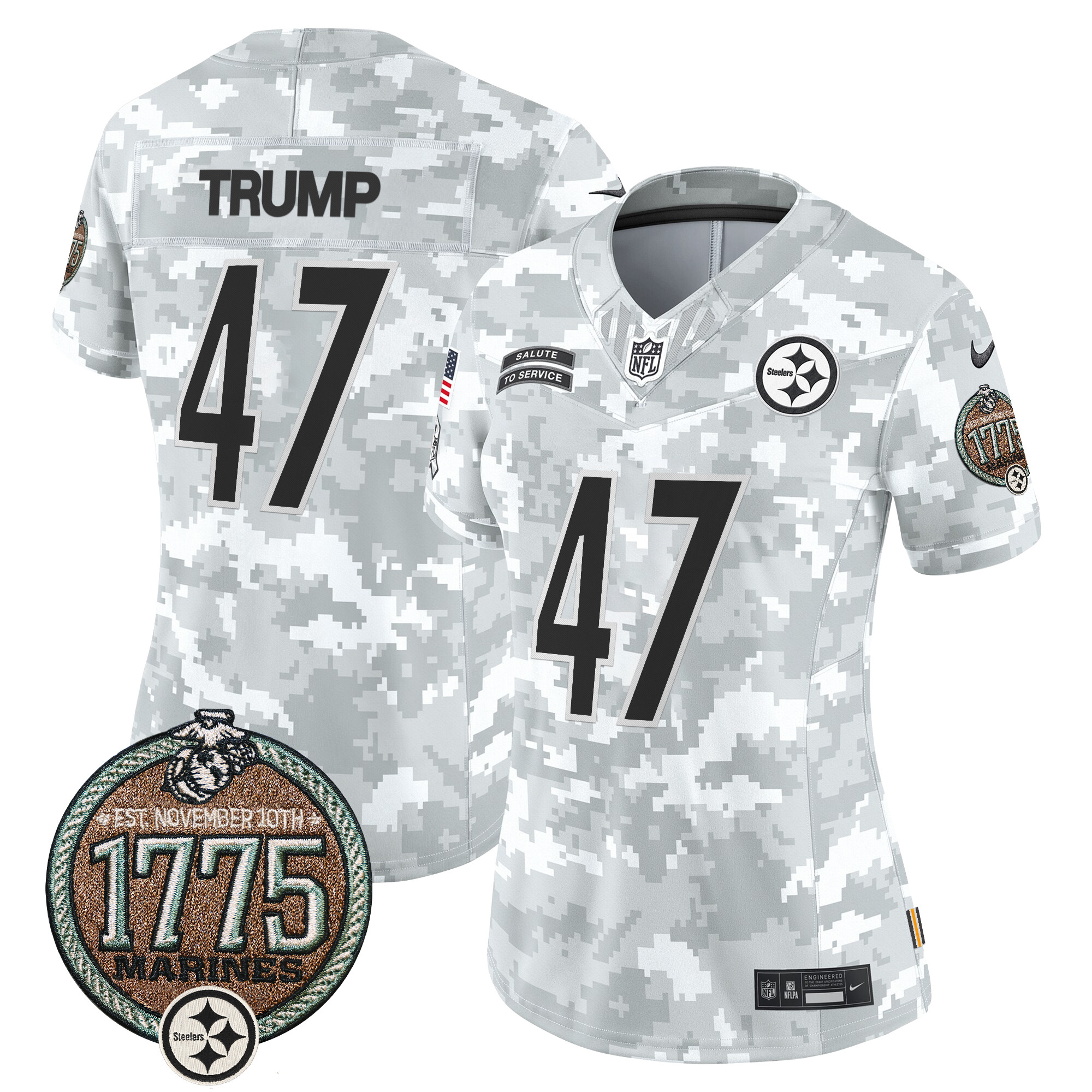 Women's Donald Trump Pittsburgh Steelers 2024 Salute to Service Establishment Year Patch Vapor Limited Marines Jersey - All Stitched