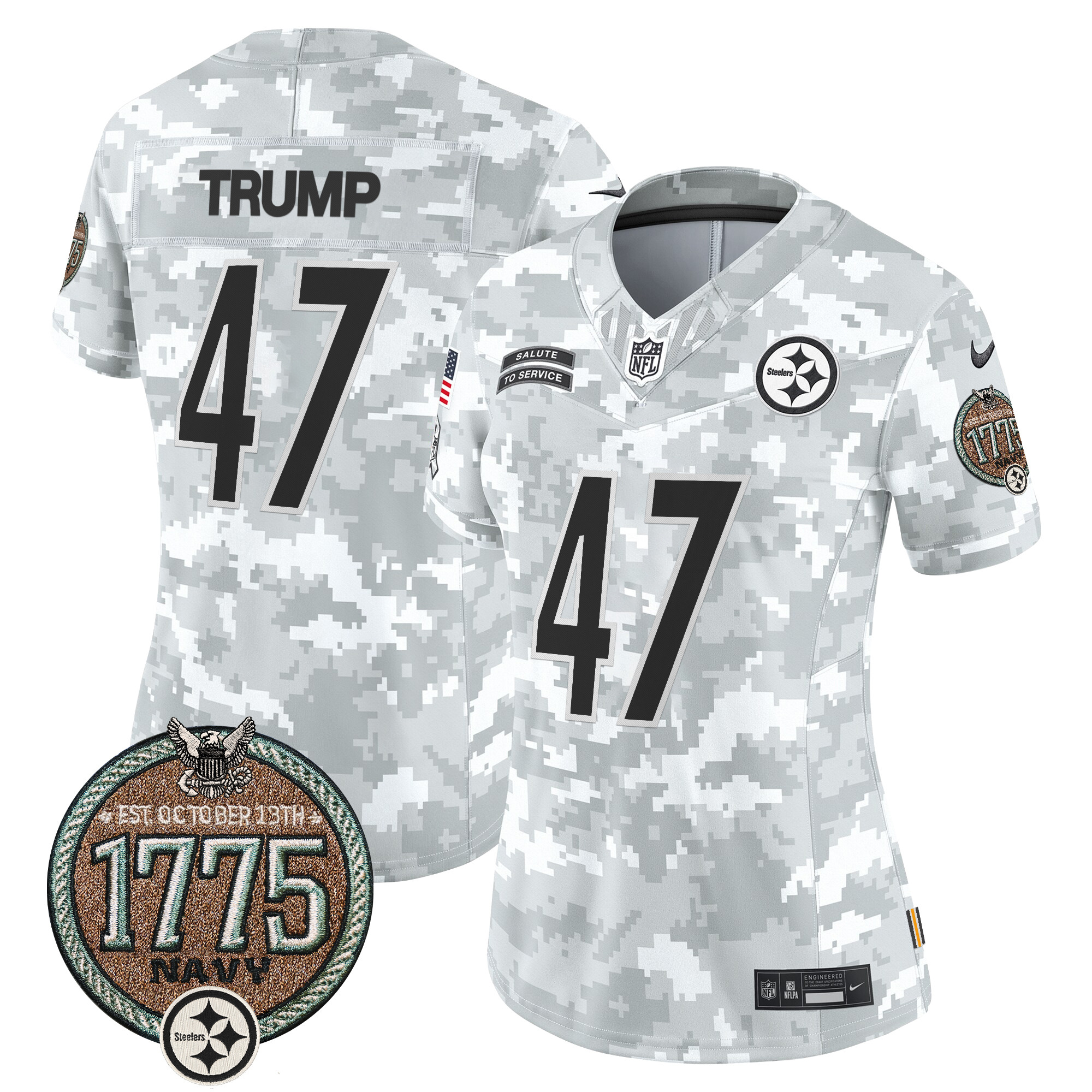 Women's Donald Trump Pittsburgh Steelers 2024 Salute to Service Establishment Year Patch Vapor Limited Navy Jersey - All Stitched