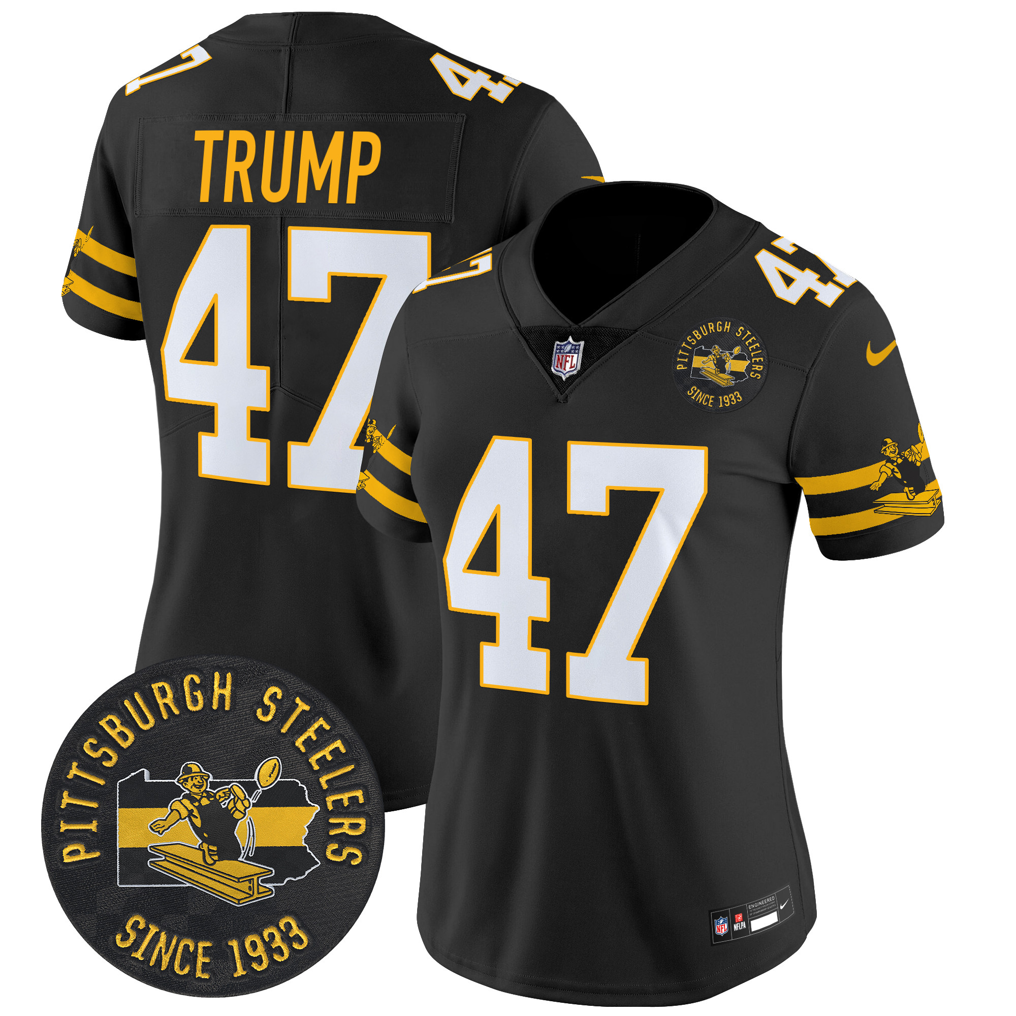 Women's Donald Trump Pittsburgh Steelers Throwback 1933 Patch Vapor Limited Black Jersey - All Stitched