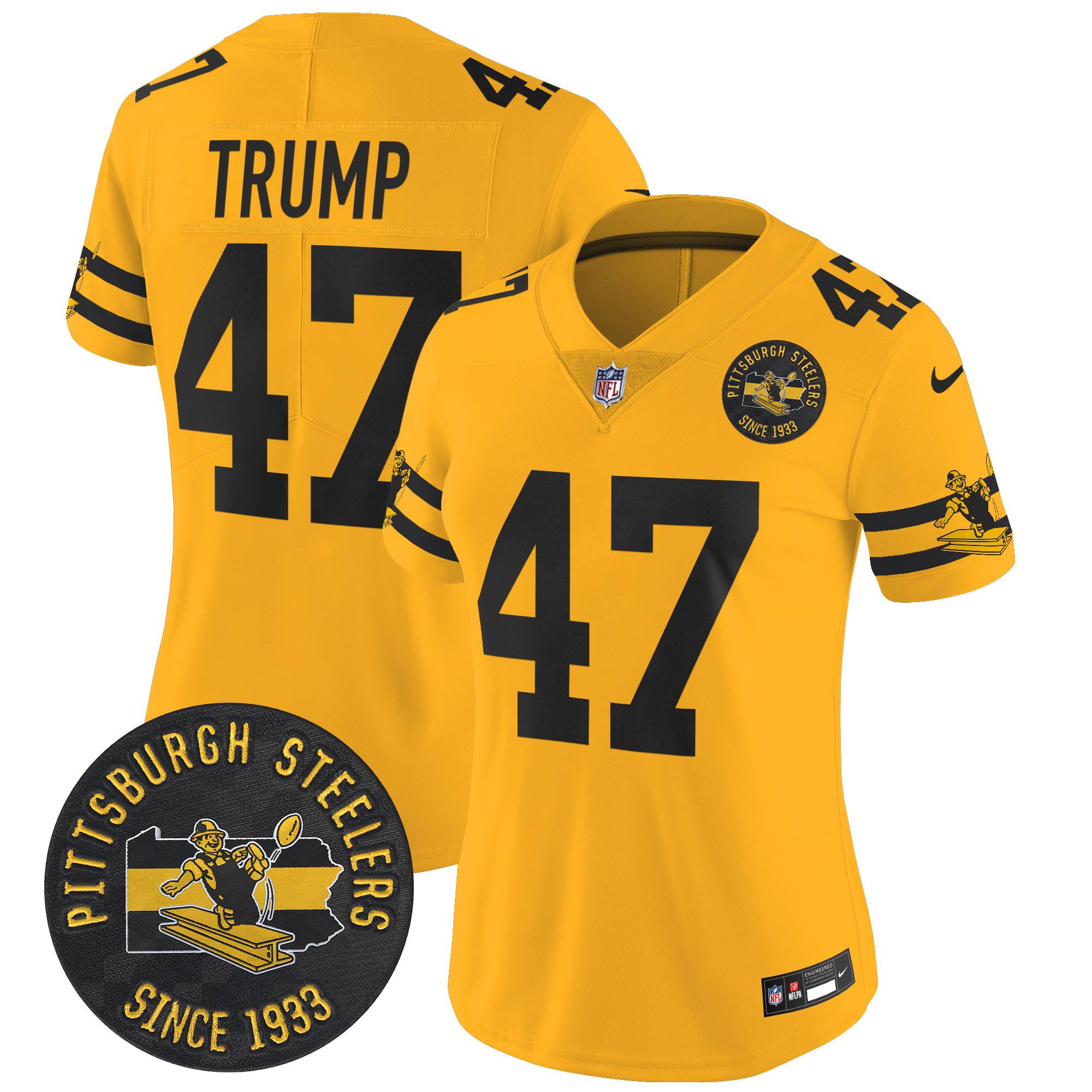 Women's Donald Trump Pittsburgh Steelers Throwback 1933 Patch Vapor Limited Gold Jersey - All Stitched