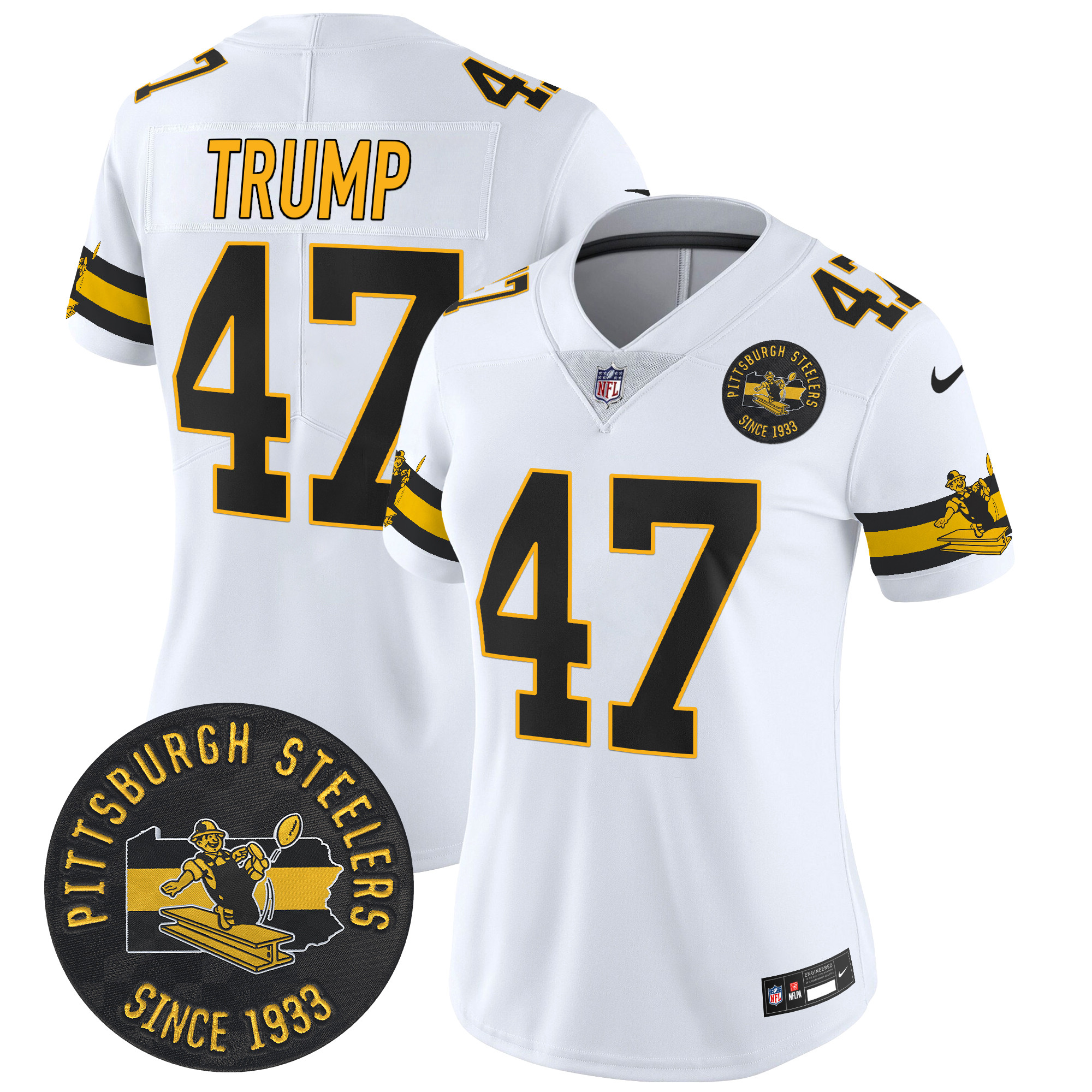 Women's Donald Trump Pittsburgh Steelers Throwback 1933 Patch Vapor Limited White Jersey - All Stitched