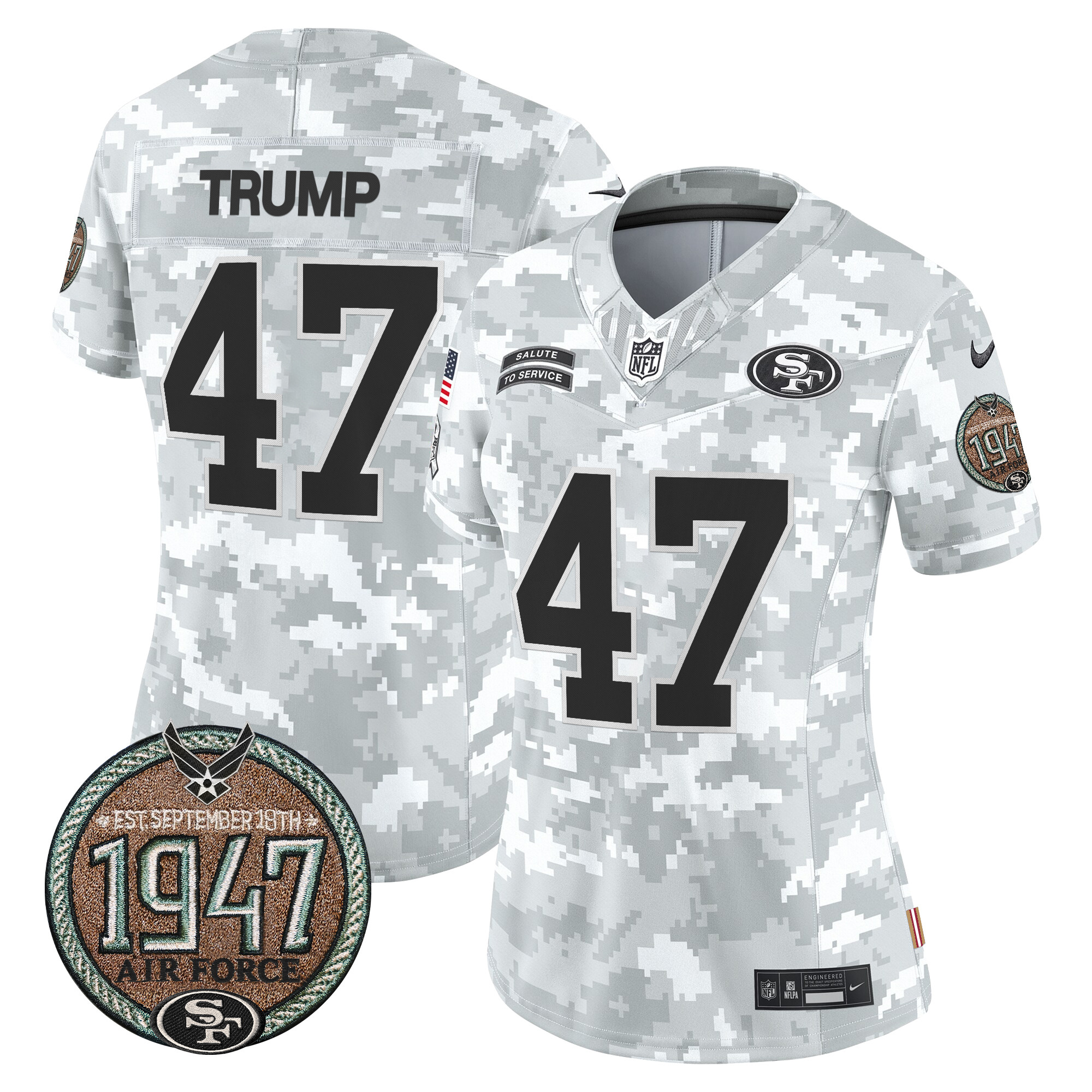 Women's Donald Trump San Francisco 49ers 2024 Salute to Service Establishment Year Patch Vapor Limited Air Force Jersey - All Stitched