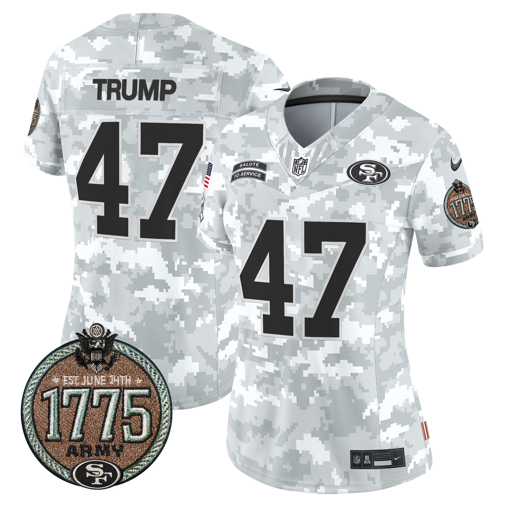 Women's Donald Trump San Francisco 49ers 2024 Salute to Service Establishment Year Patch Vapor Limited Army Jersey - All Stitched