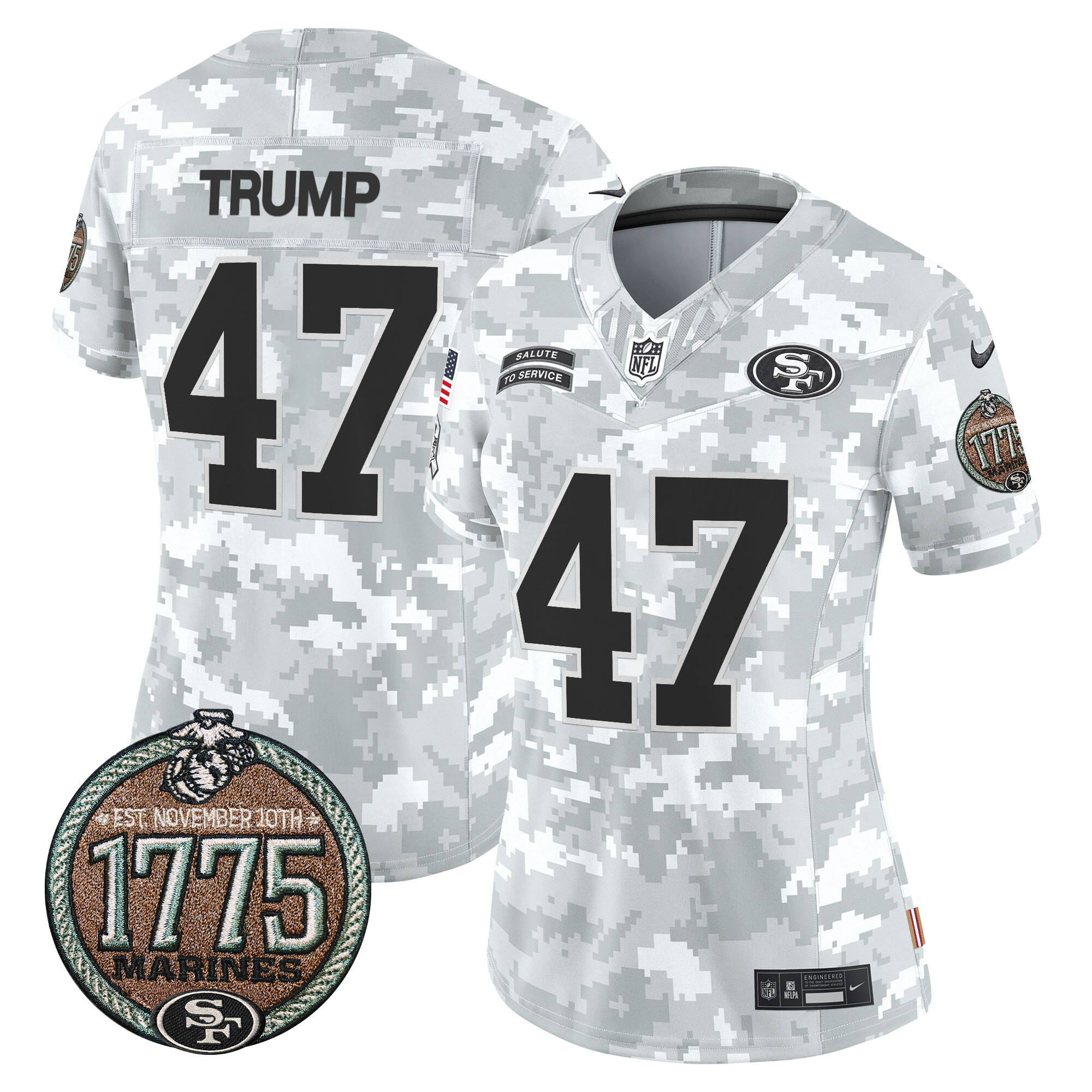 Women's Donald Trump San Francisco 49ers 2024 Salute to Service Establishment Year Patch Vapor Limited Marines Jersey - All Stitched