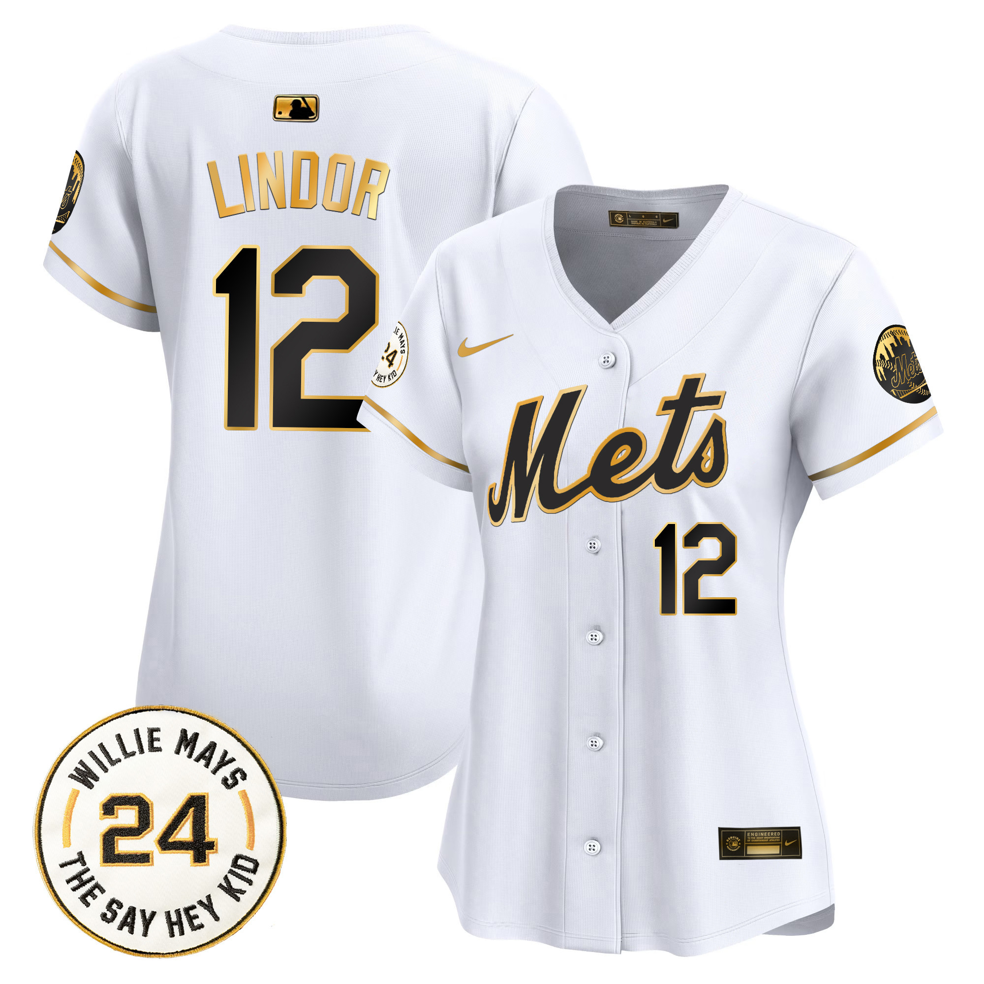 Women's Francisco Lindor New York Mets Willie Mays Patch Vapor Premier Limited White Gold Jersey - All Stitched