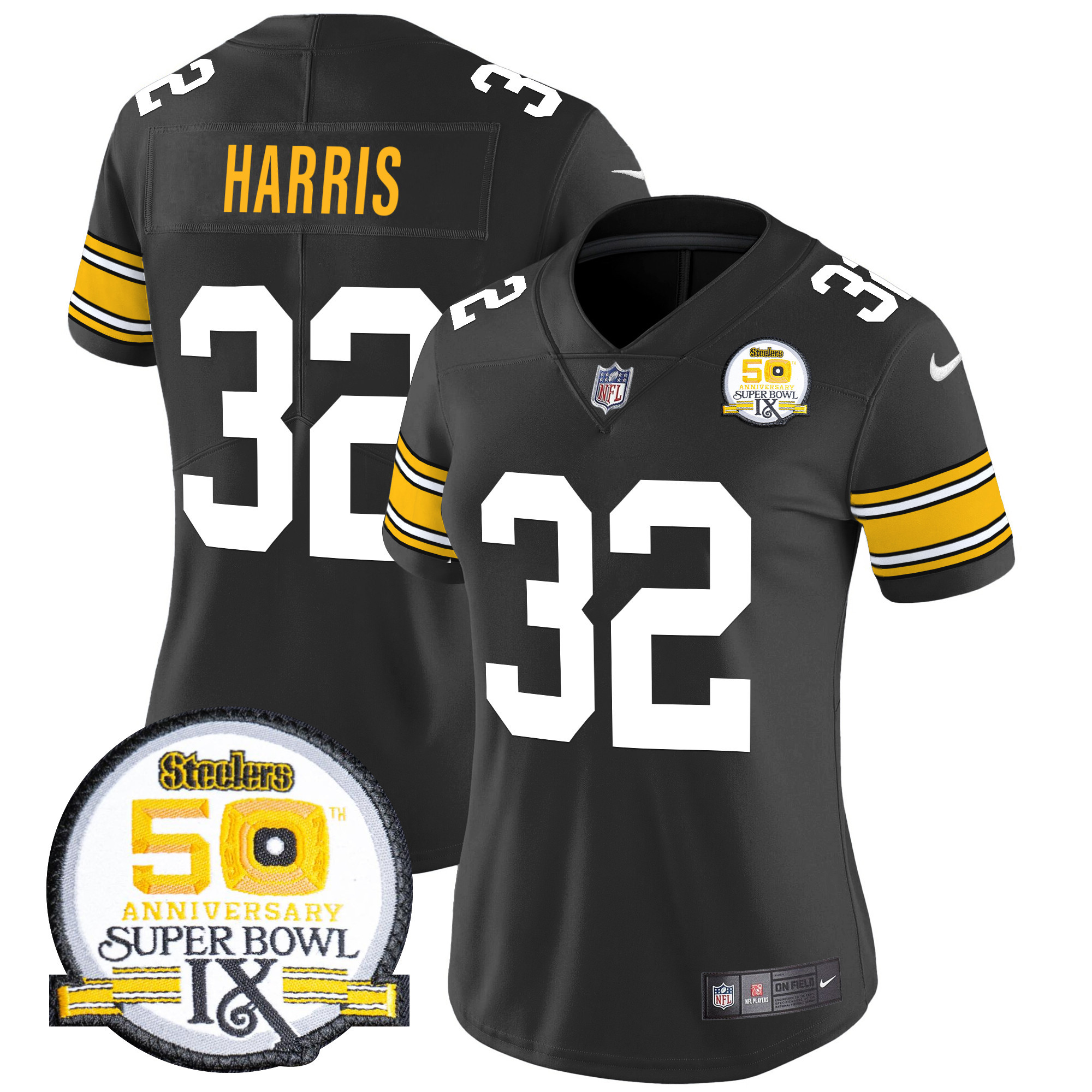 Women's Franco Harris Pittsburgh Steelers 50th Anniversary Of Super Bowl IX Patch Vapor Limited 1975 Throwback Jersey - All Stitched