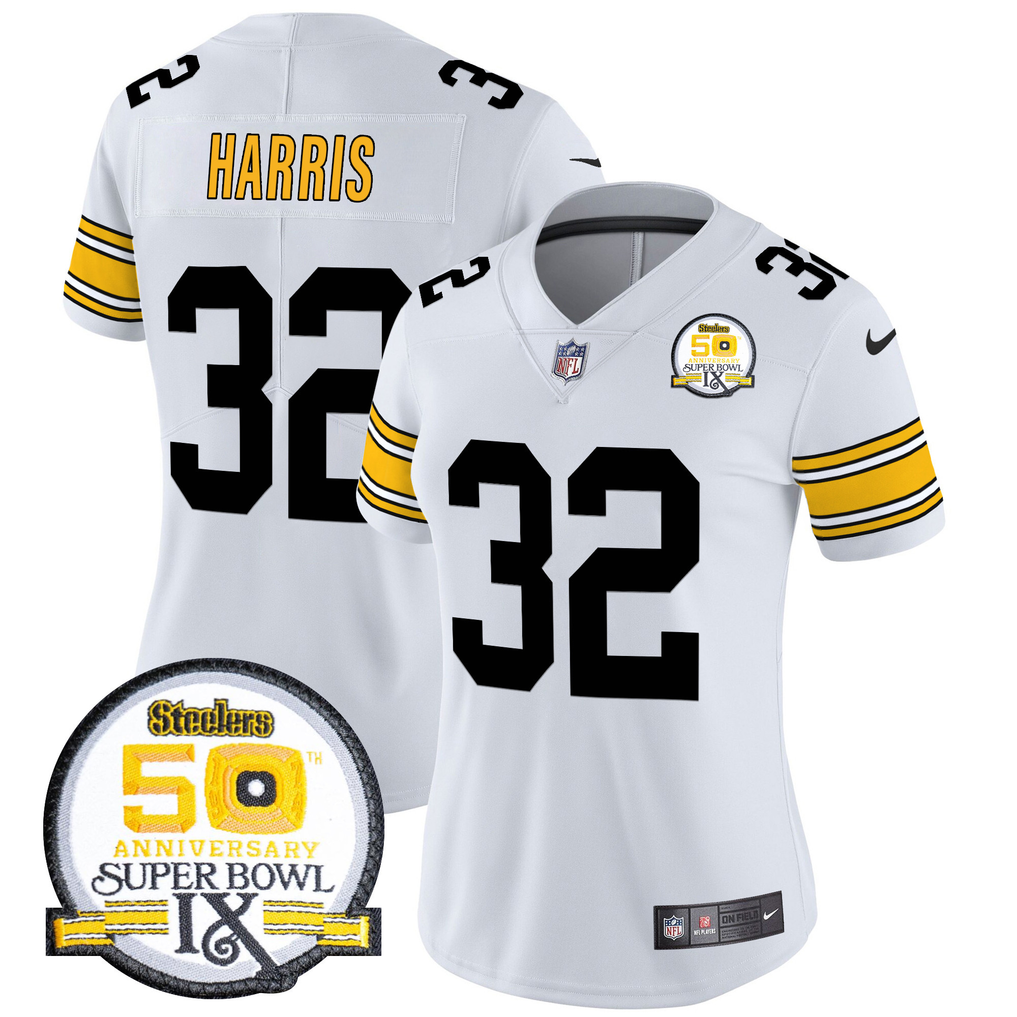 Women's Franco Harris Pittsburgh Steelers 50th Anniversary Of Super Bowl IX Patch Vapor Limited 1975 White Jersey - All Stitched