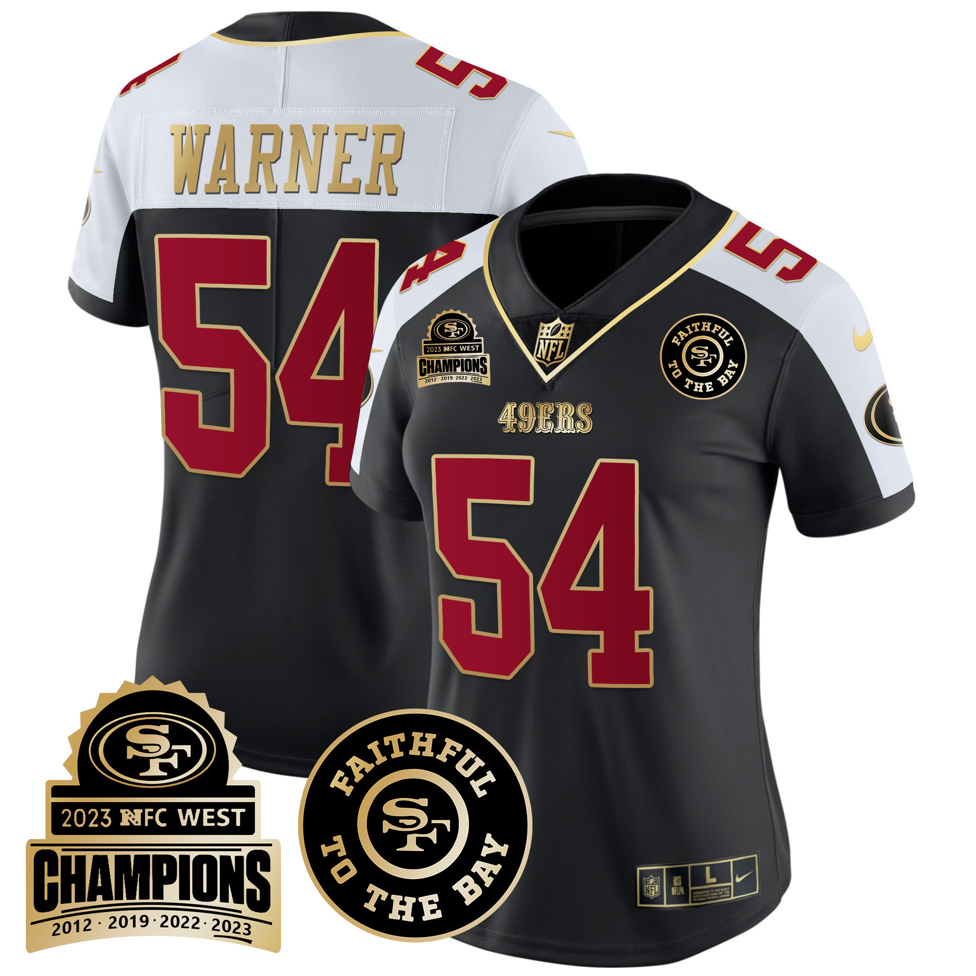 Women's Fred Warner San Francisco 49ers 2023 NFC West Champions Patch Vapor Black Alternate Jersey V3 - All Stitched