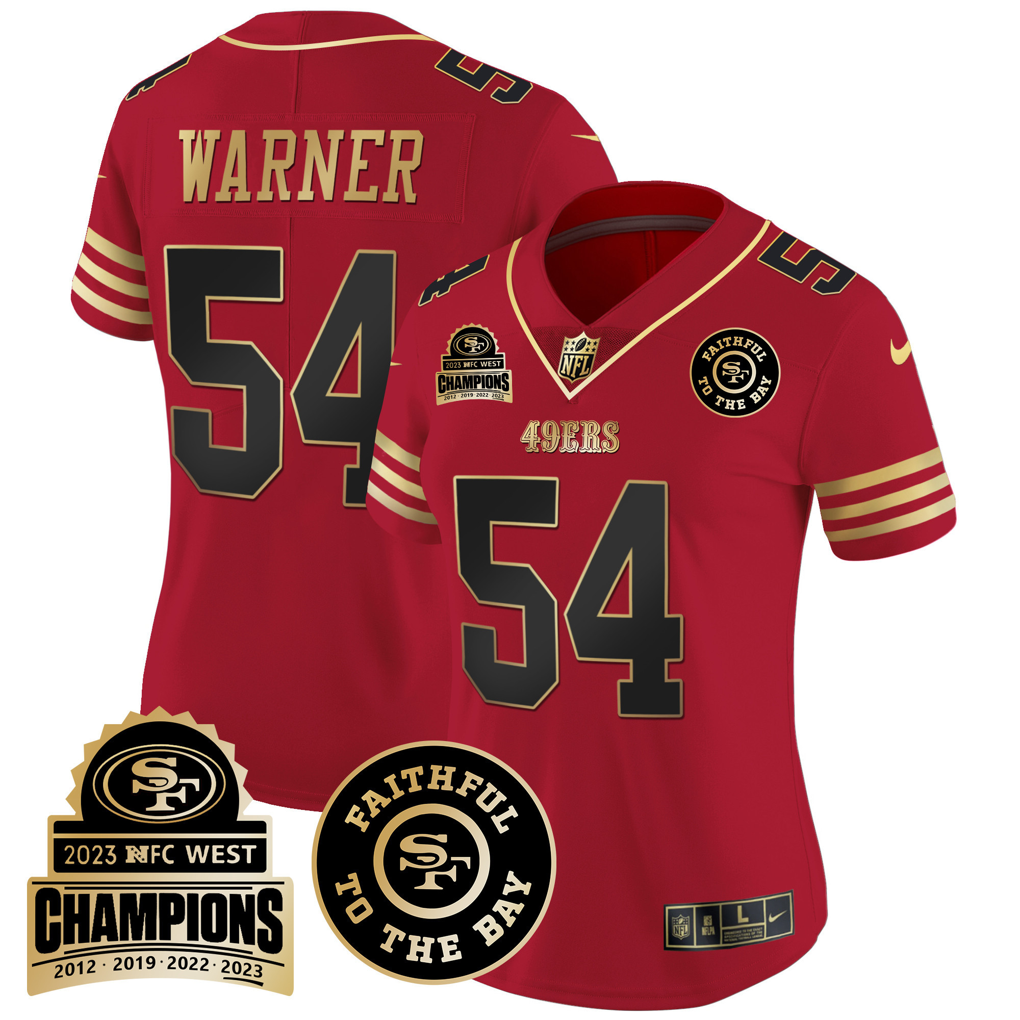 Women's Fred Warner San Francisco 49ers 2023 NFC West Champions Patch Vapor Black Scarlet Jersey V3 - All Stitched