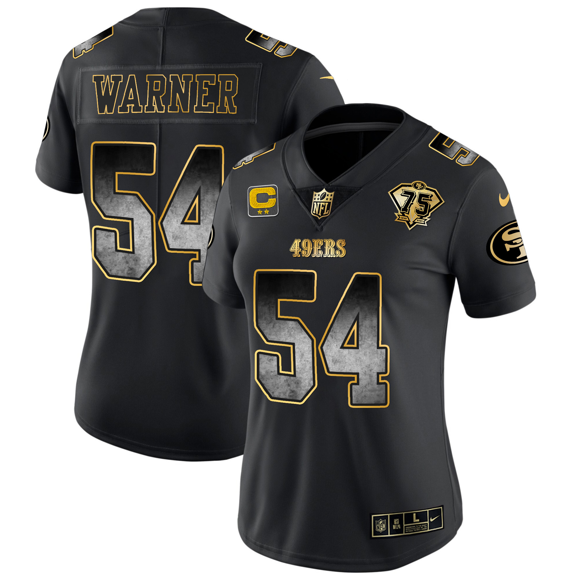Women's Fred Warner San Francisco 49ers Arch Smoke Vapor Black Gold Jersey - All Stitched