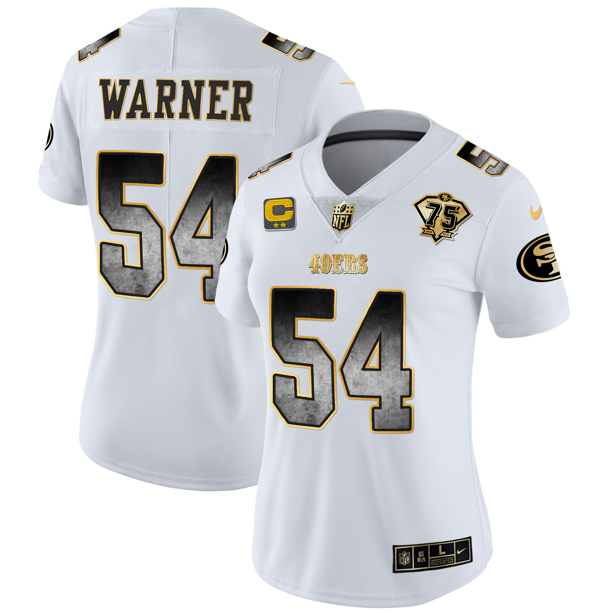 Women's Fred Warner San Francisco 49ers Arch Smoke Vapor White Gold Jersey - All Stitched