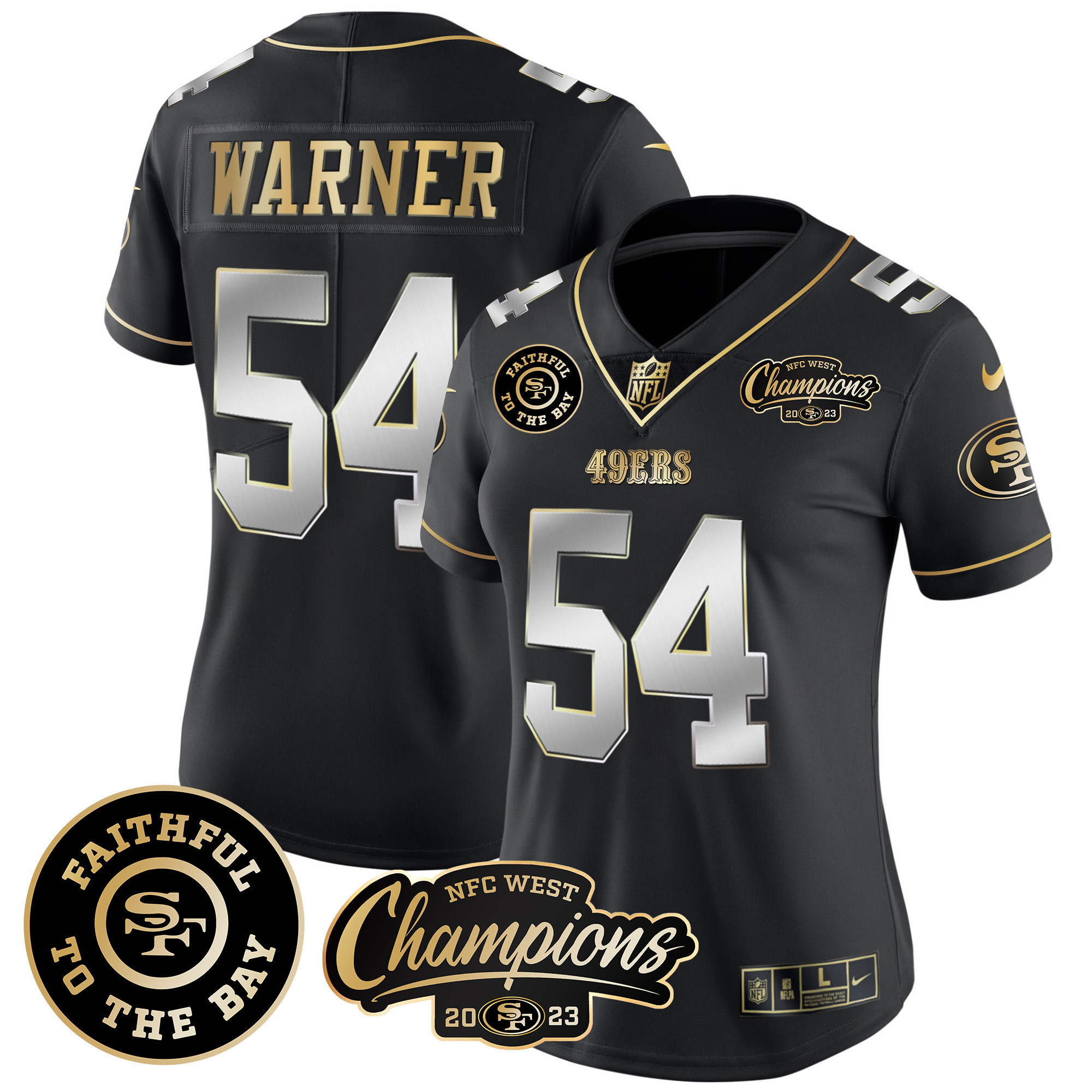 Women's Fred Warner San Francisco 49ers Faithful & 2023 NFC West Champions Patch Vapor Black Limited Jersey - All Stitched