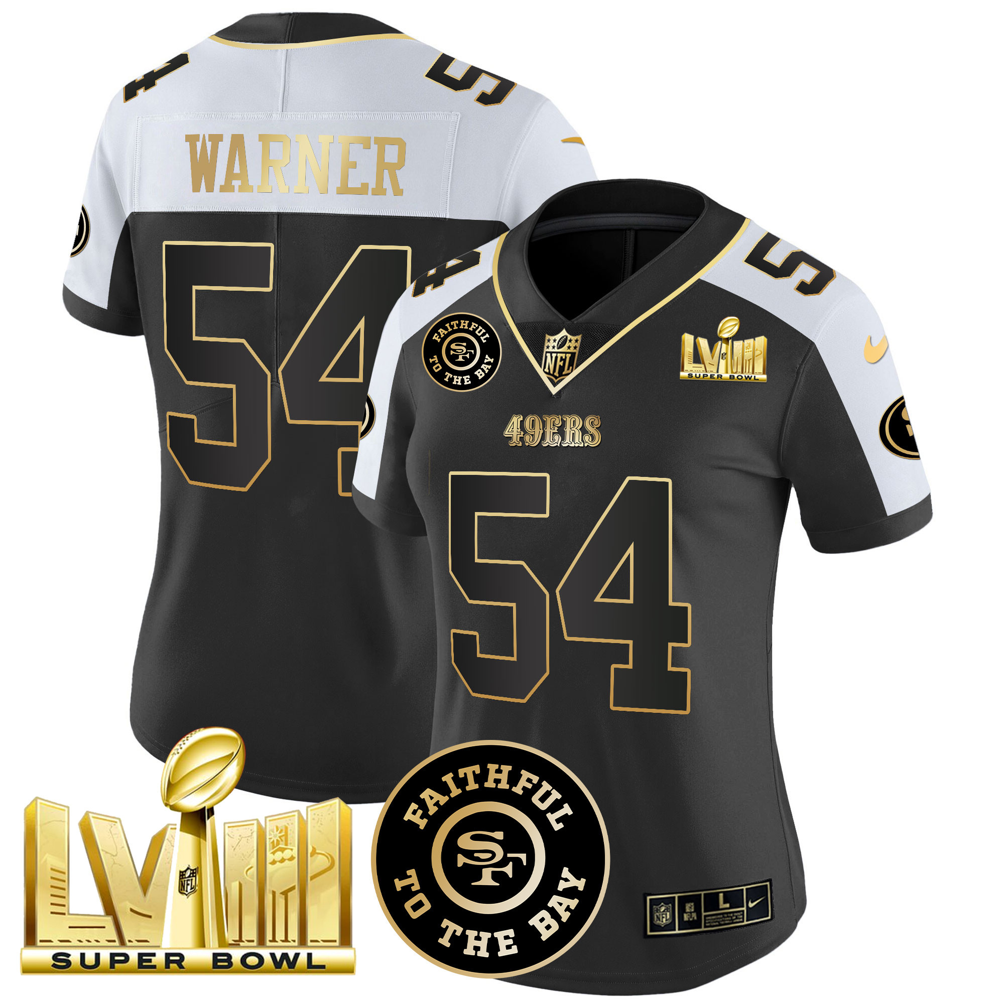 Women's Fred Warner San Francisco 49ers Faithful & Super Bowl LVIII Gold Patch Vapor Black Alternate Jersey V2 - All Stitched