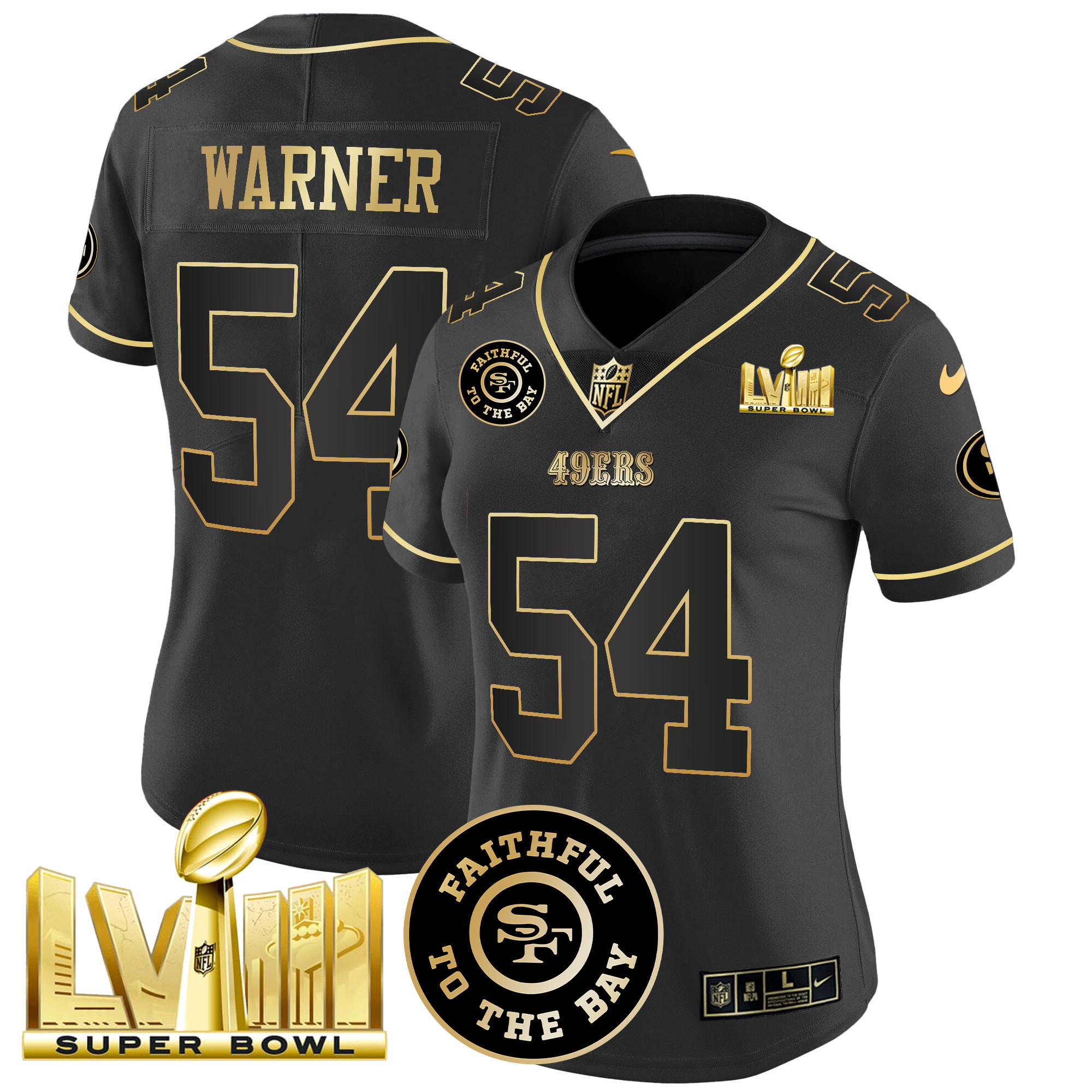 Women's Fred Warner San Francisco 49ers Faithful & Super Bowl LVIII Gold Patch Vapor Black Gold Jersey V2 - All Stitched