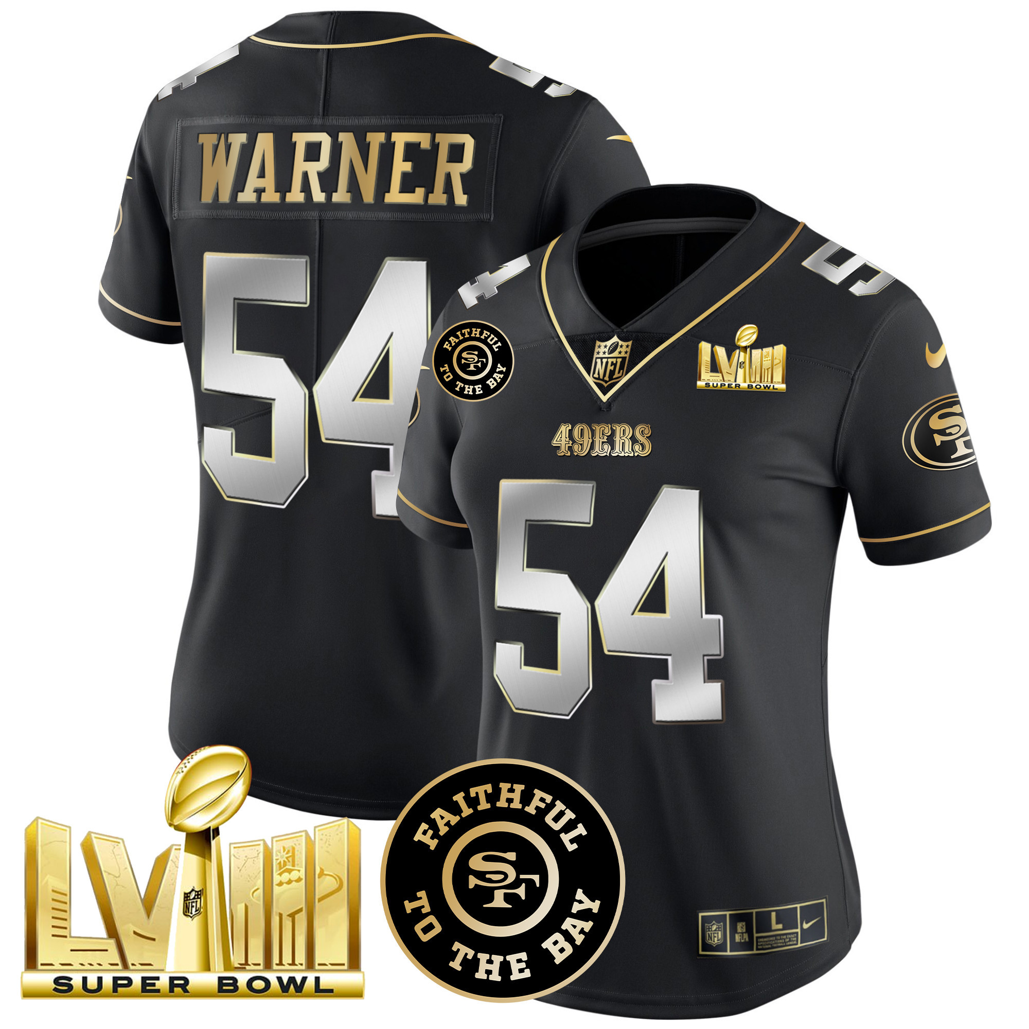 Women's Fred Warner San Francisco 49ers Faithful & Super Bowl LVIII Gold Patch Vapor Black Limited Jersey - All Stitched