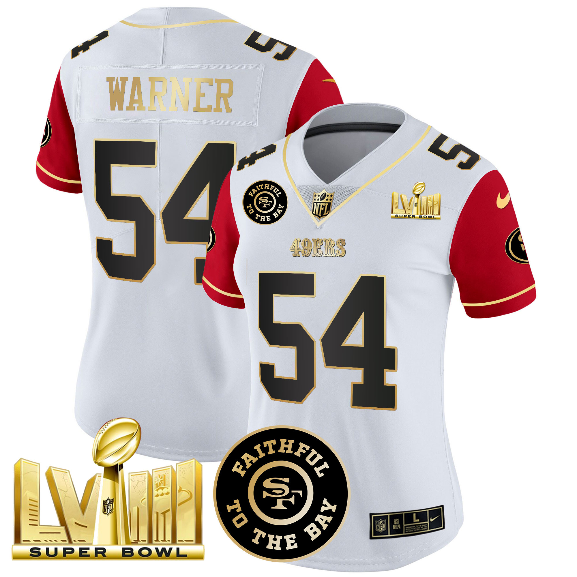 Women's Fred Warner San Francisco 49ers Faithful & Super Bowl LVIII Gold Patch Vapor Color Sleeves Jersey V2 - All Stitched
