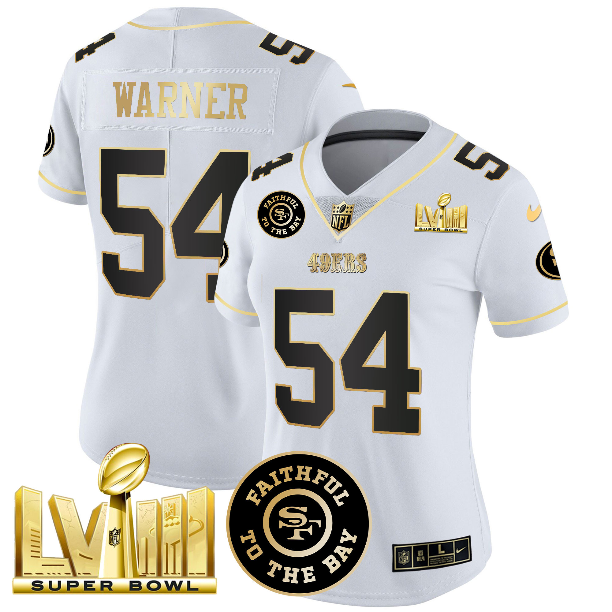 Women's Fred Warner San Francisco 49ers Faithful & Super Bowl LVIII Gold Patch Vapor White Gold Jersey V2 - All Stitched