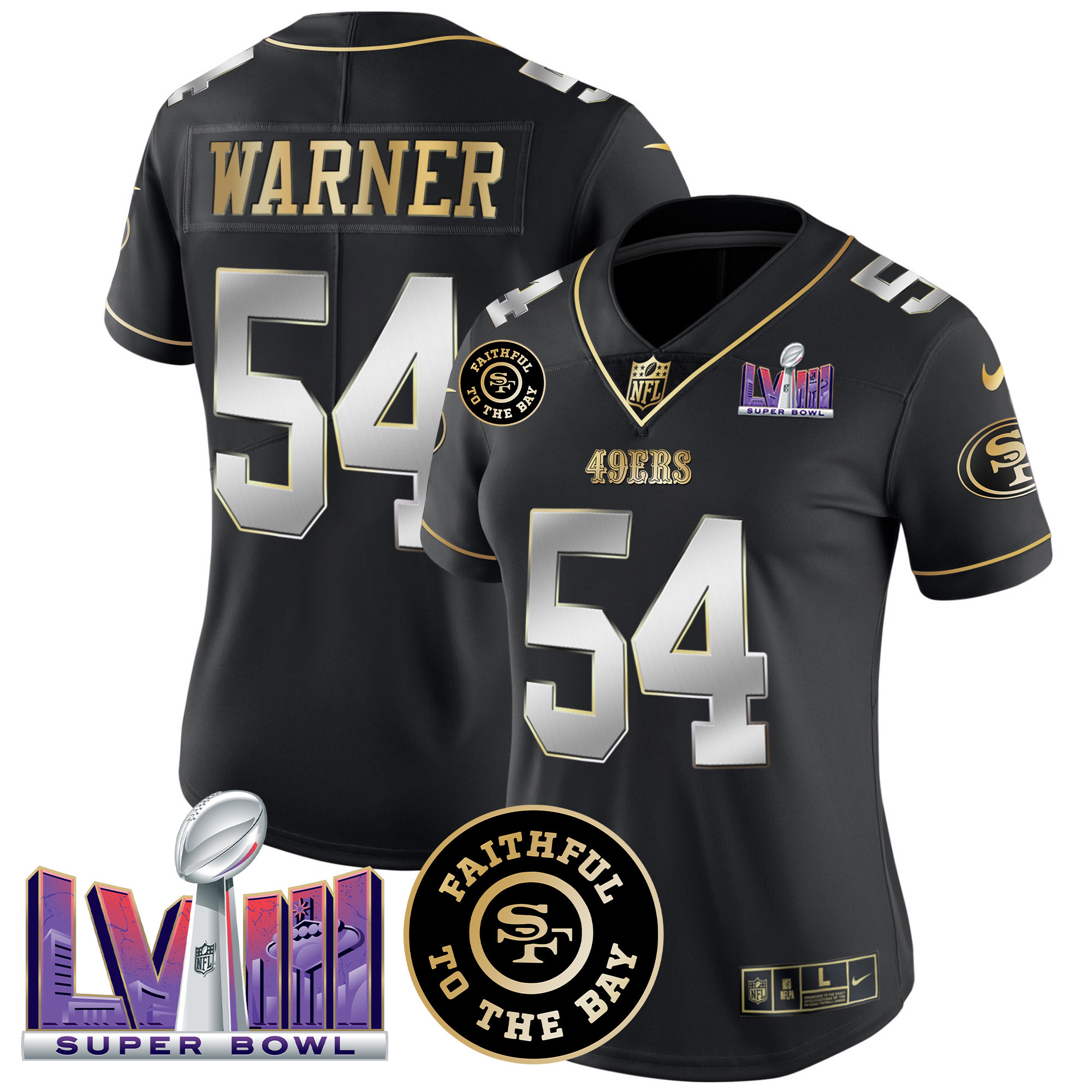 Women's Fred Warner San Francisco 49ers Faithful & Super Bowl LVIII Patch Vapor Black Limited Jersey - All Stitched