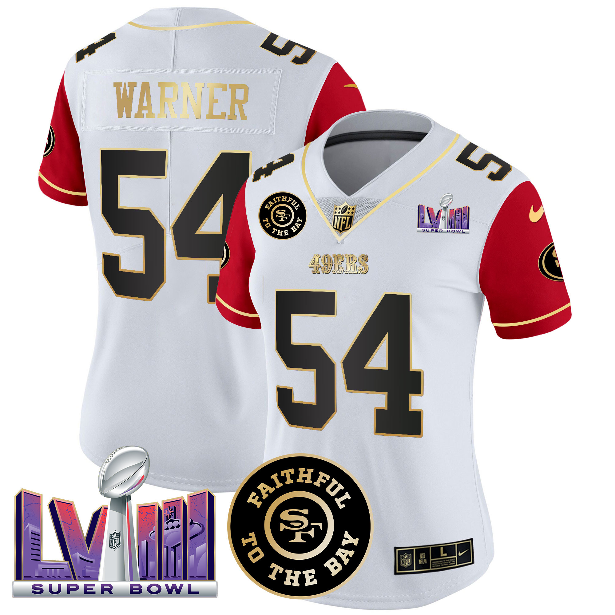 Women's Fred Warner San Francisco 49ers Faithful & Super Bowl LVIII Patch Vapor Color Sleeves Jersey V2 - All Stitched