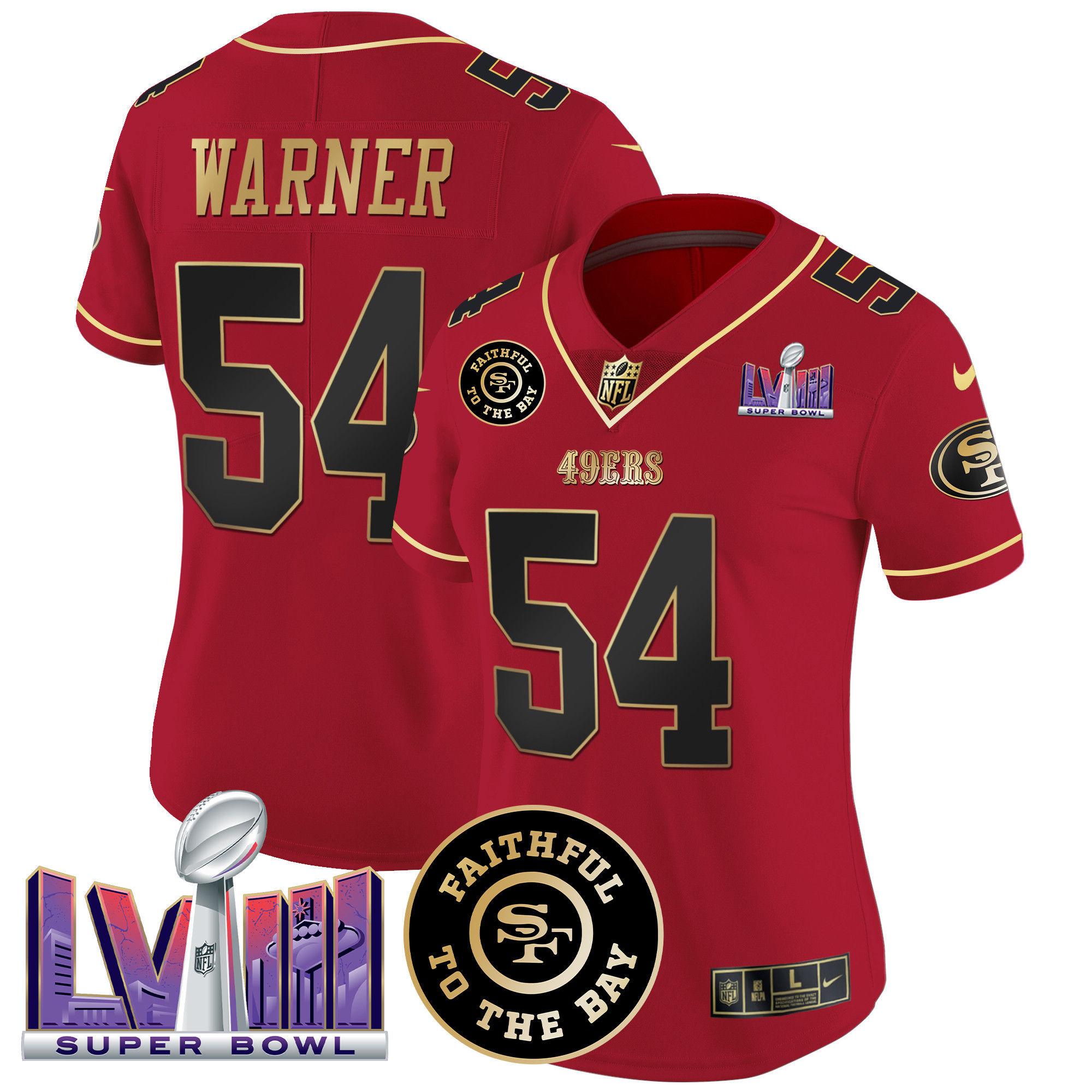Women's Fred Warner San Francisco 49ers Faithful & Super Bowl LVIII Patch Vapor Scarlet Limited Jersey - All Stitched