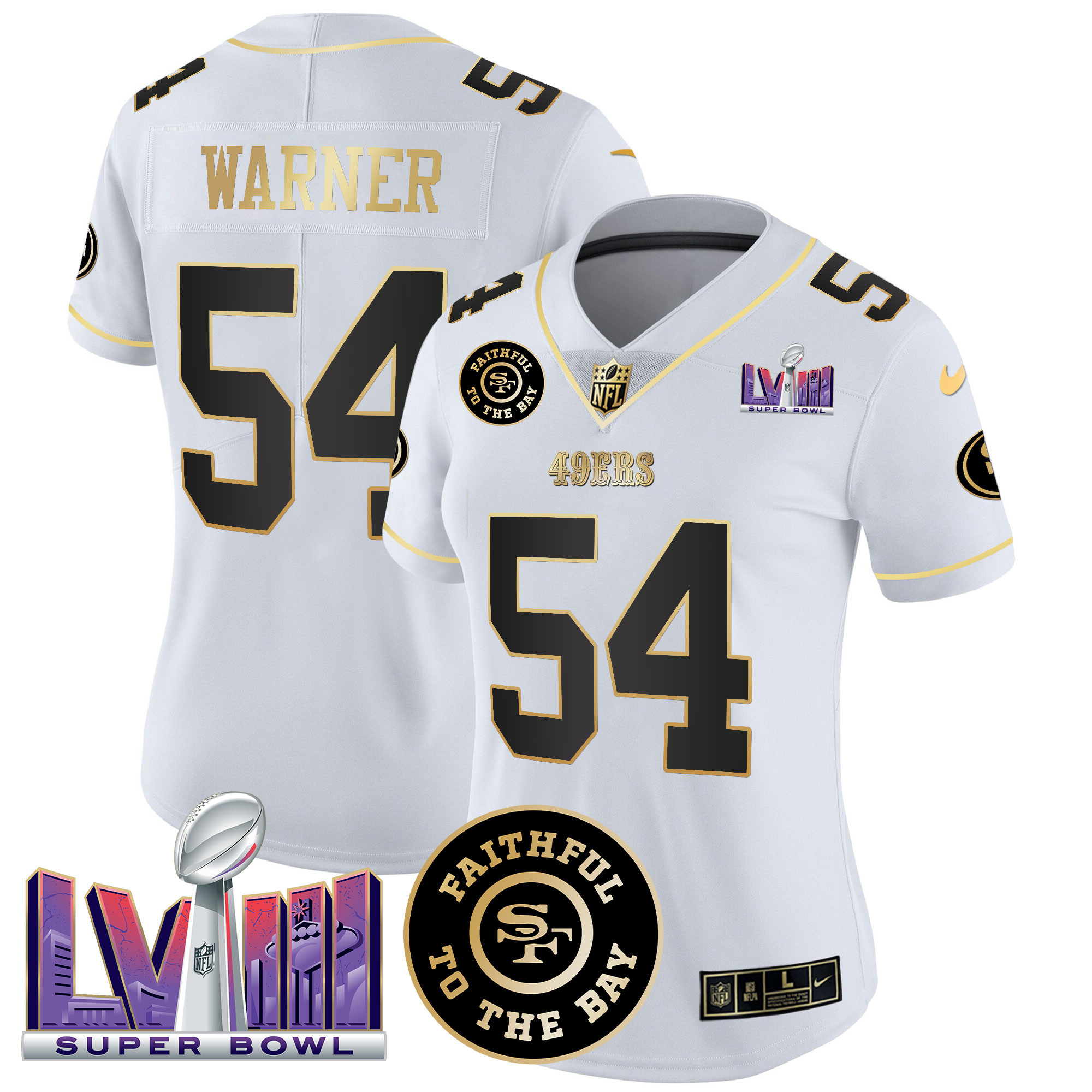 Women's Fred Warner San Francisco 49ers Faithful & Super Bowl LVIII Patch Vapor White Gold Jersey V2 - All Stitched