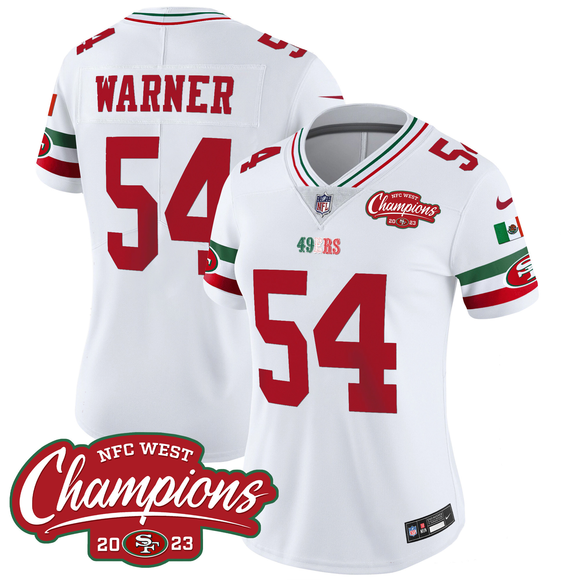 Women's Fred Warner San Francisco 49ers Mexico 2023 NFC West Champions Patch Vapor White Jersey - All Stitched