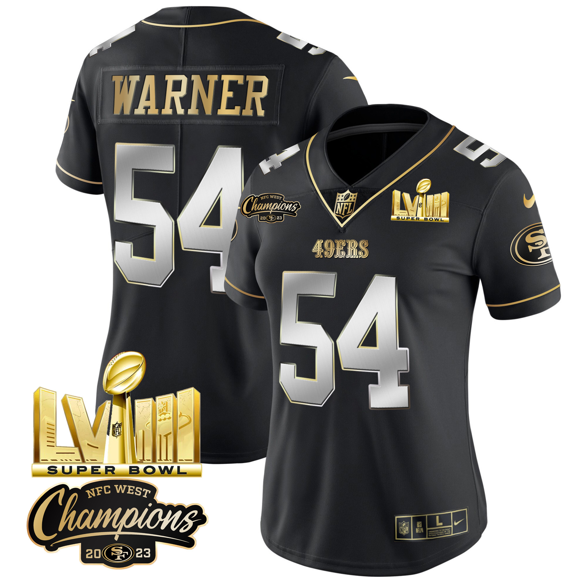 Women's Fred Warner San Francisco 49ers NFC West Champions & Super Bowl LVIII Gold Patch Vapor Black Limited Jersey V2 - All Stitched