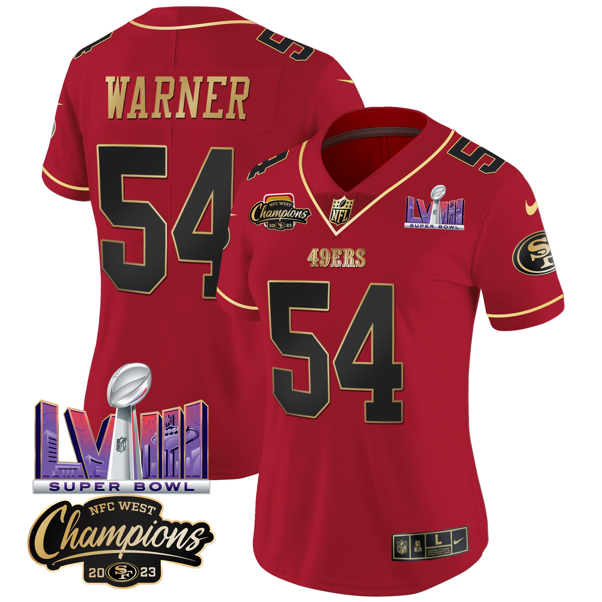 Women's Fred Warner San Francisco 49ers NFC West Champions & Super Bowl LVIII Patch Vapor Scarlet Limited Jersey V2 - All Stitched
