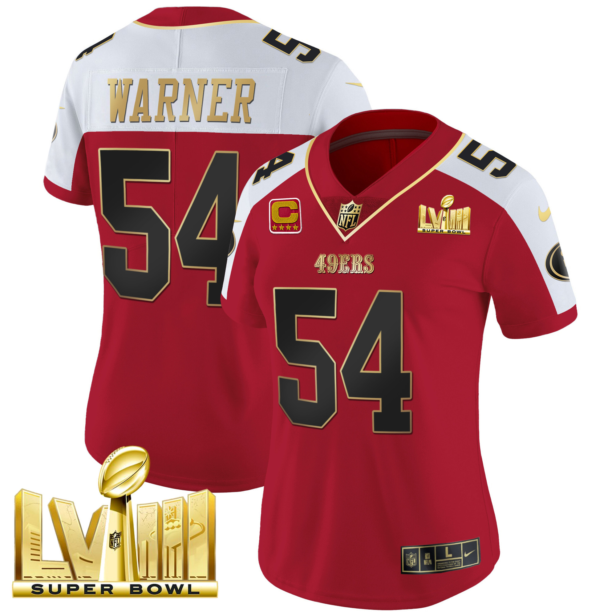 Women's Fred Warner San Francisco 49ers Super Bowl LVIII Gold Patch Vapor Alternate Jersey - All Stitched