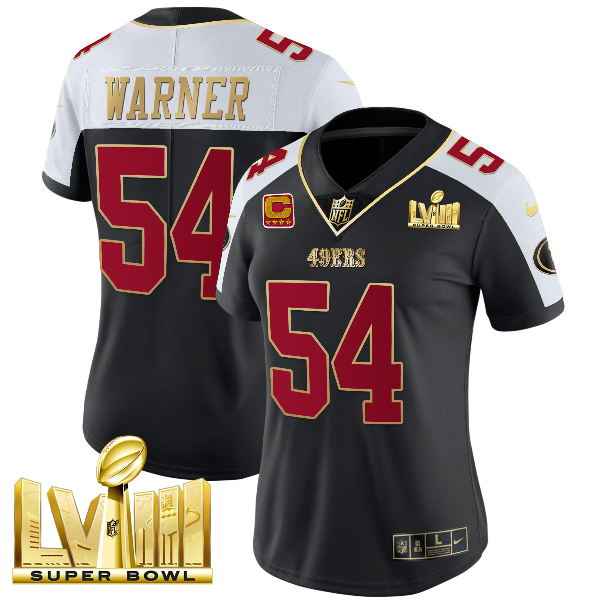 Women's Fred Warner San Francisco 49ers Super Bowl LVIII Gold Patch Vapor Black Alternate Jersey - All Stitched
