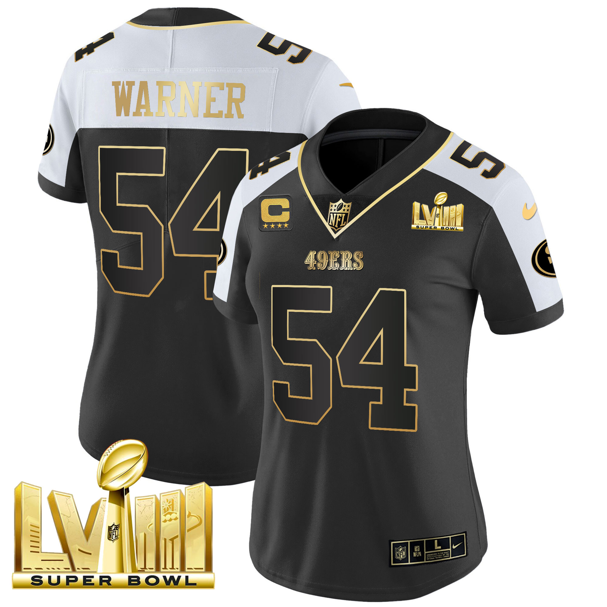 Women's Fred Warner San Francisco 49ers Super Bowl LVIII Gold Patch Vapor Black Alternate Jersey V2 - All Stitched