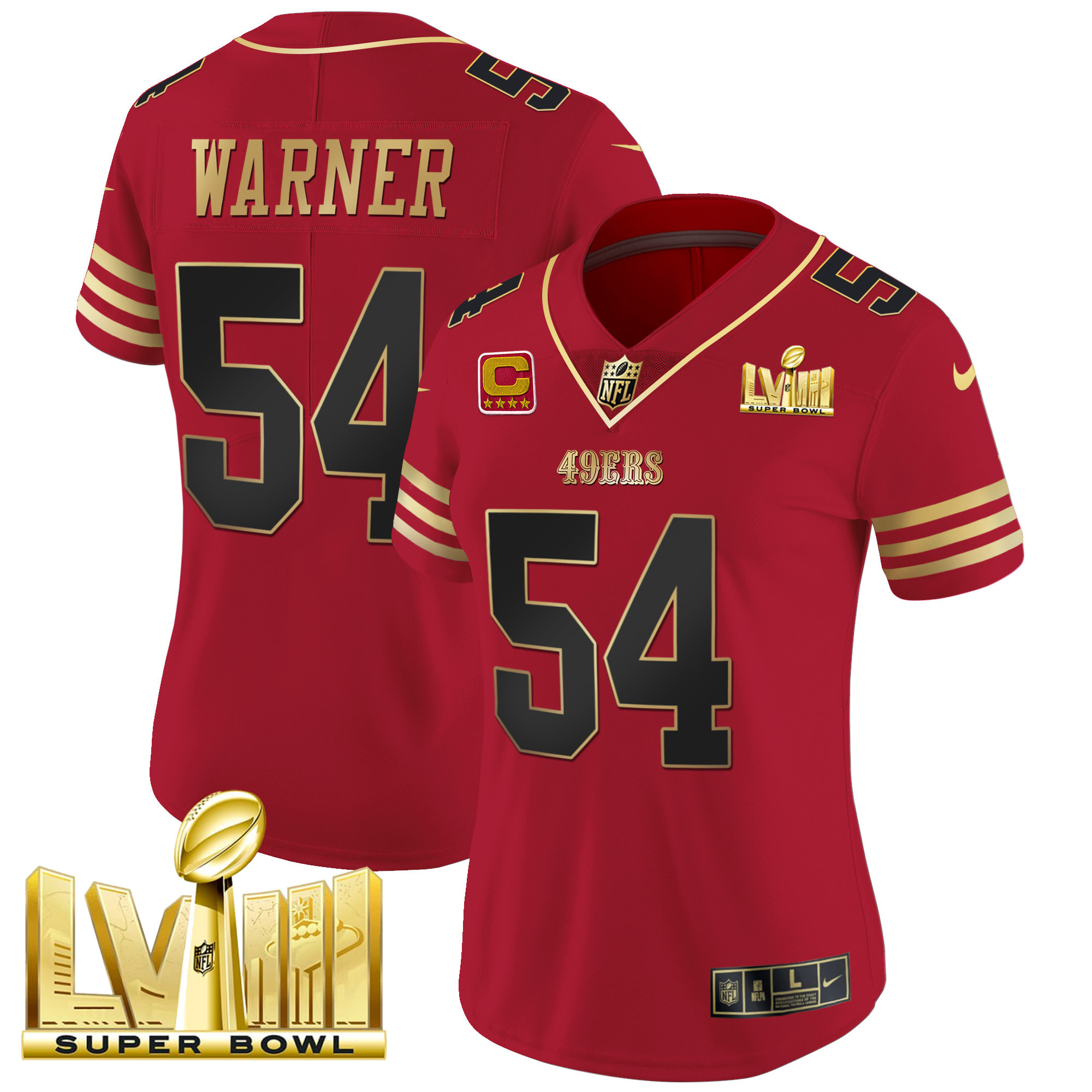 Women's Fred Warner San Francisco 49ers Super Bowl LVIII Gold Patch Vapor Black Scarlet Jersey - All Stitched