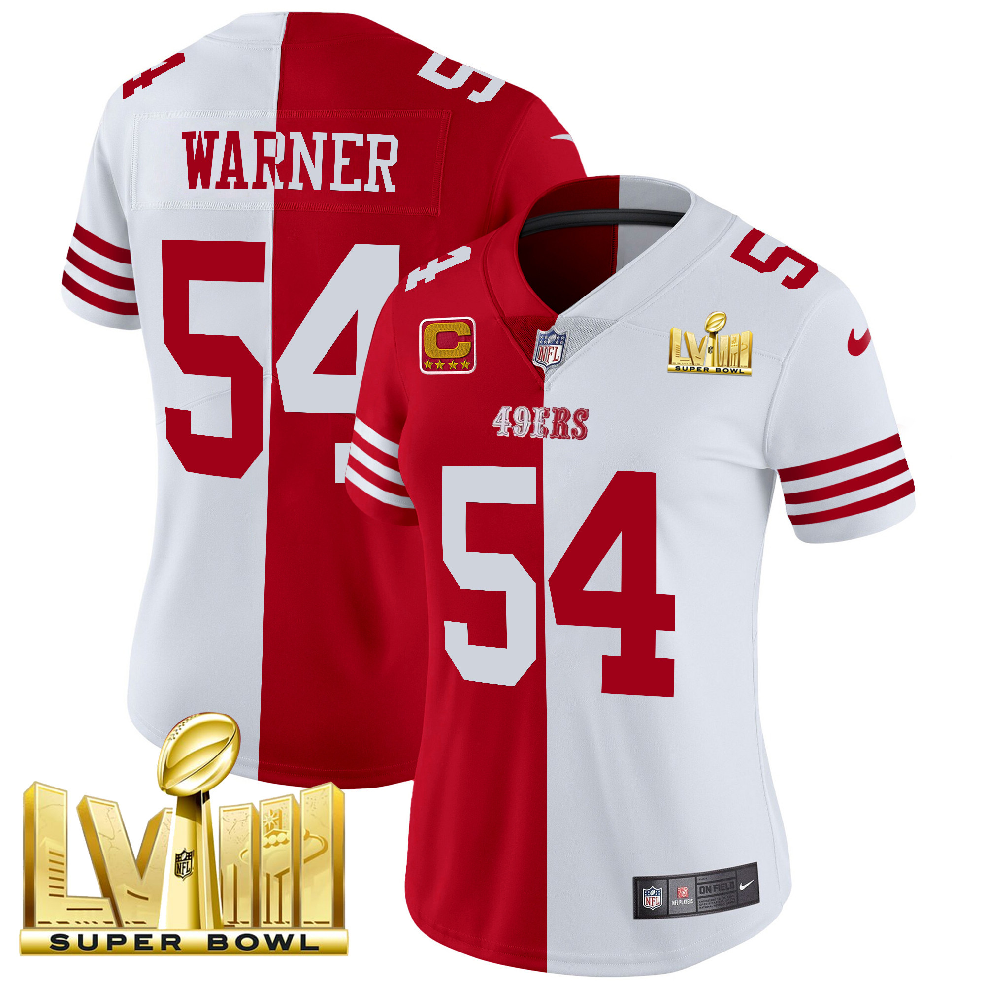 Women's Fred Warner San Francisco 49ers Super Bowl LVIII Gold Patch Vapor Split Jersey V2 - All Stitched
