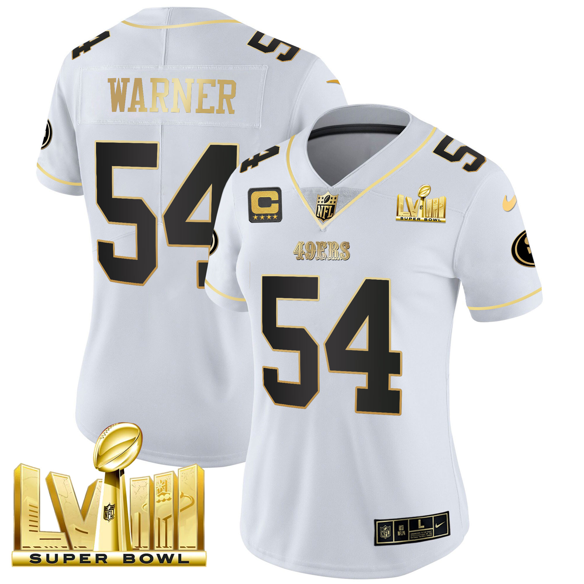 Women's Fred Warner San Francisco 49ers Super Bowl LVIII Gold Patch Vapor White Gold Jersey V2 - All Stitched