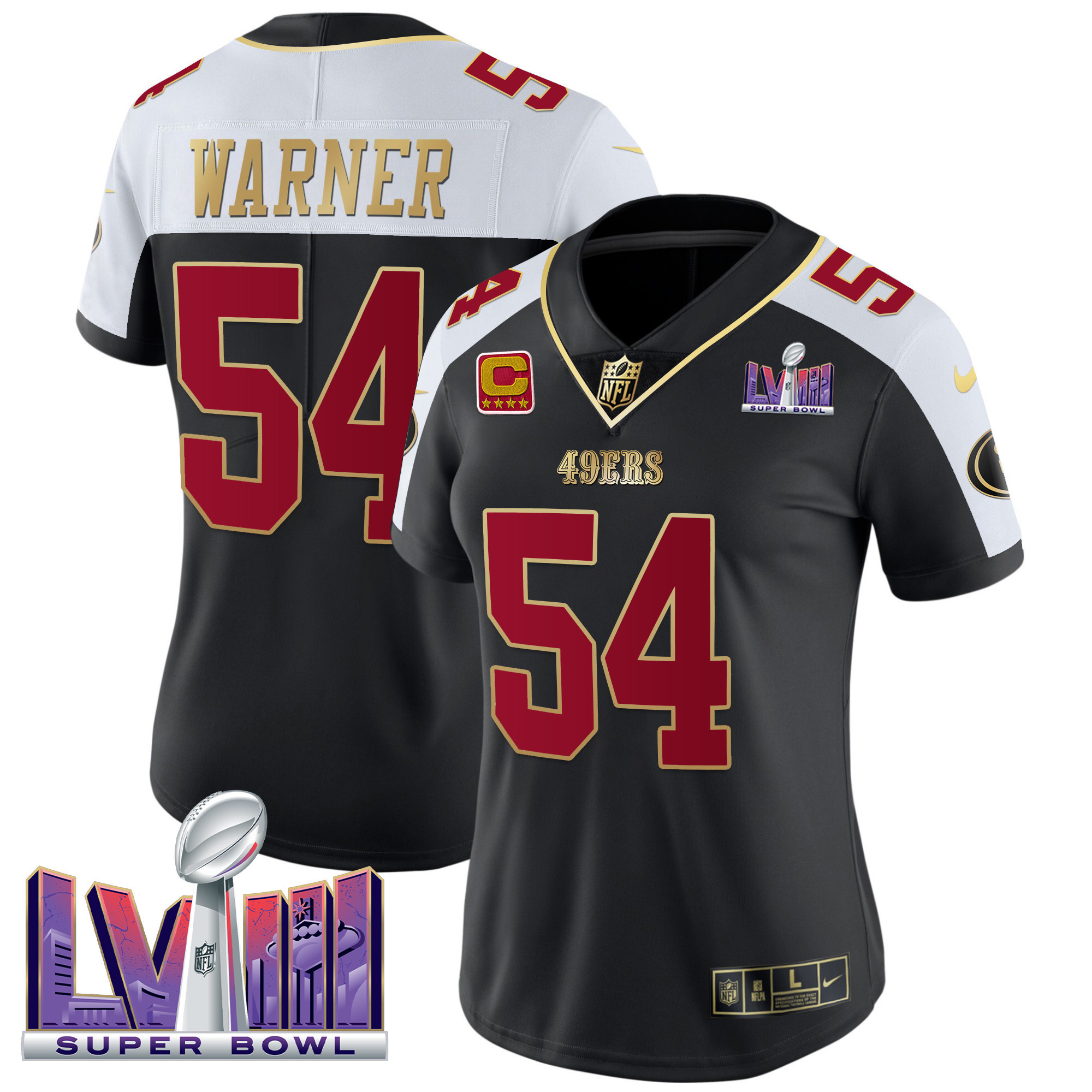 Women's Fred Warner San Francisco 49ers Super Bowl LVIII Patch Vapor Black Alternate Jersey - All Stitched