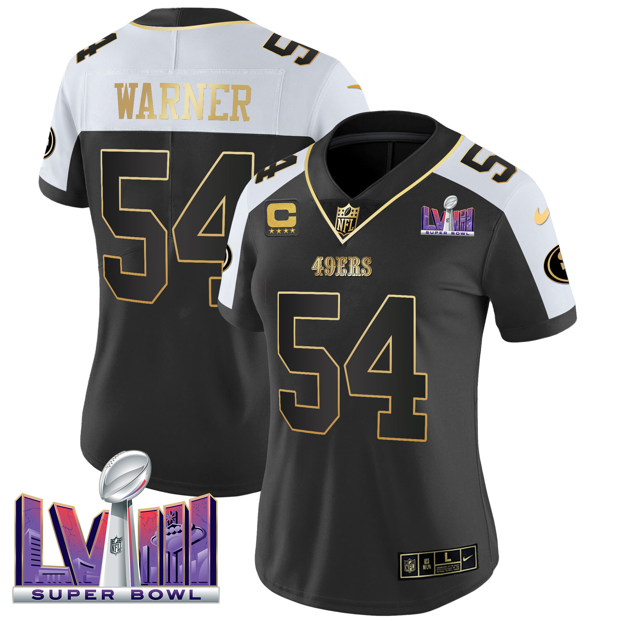 Women's Fred Warner San Francisco 49ers Super Bowl LVIII Patch Vapor Black Alternate Jersey V2 - All Stitched