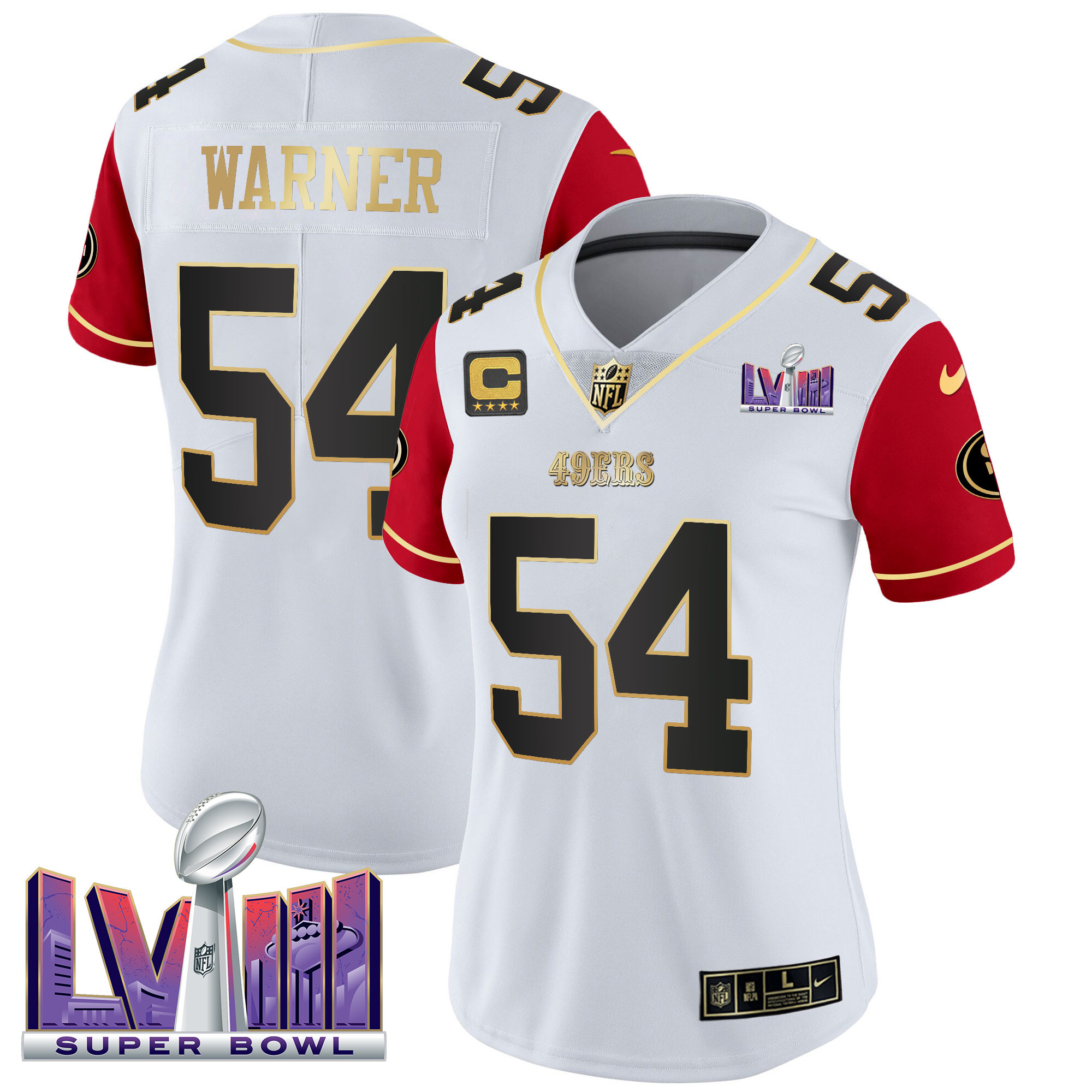 Women's Fred Warner San Francisco 49ers Super Bowl LVIII Patch Vapor Color Sleeves Jersey V2 - All Stitched