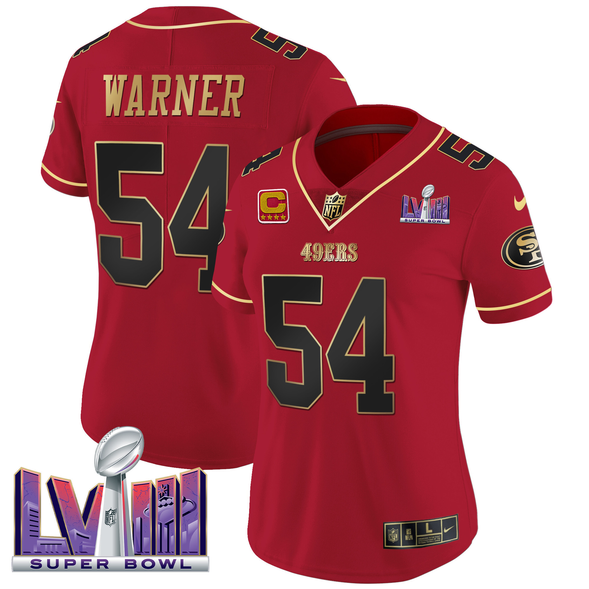 Women's Fred Warner San Francisco 49ers Super Bowl LVIII Patch Vapor Scarlet Limited Jersey - All Stitched