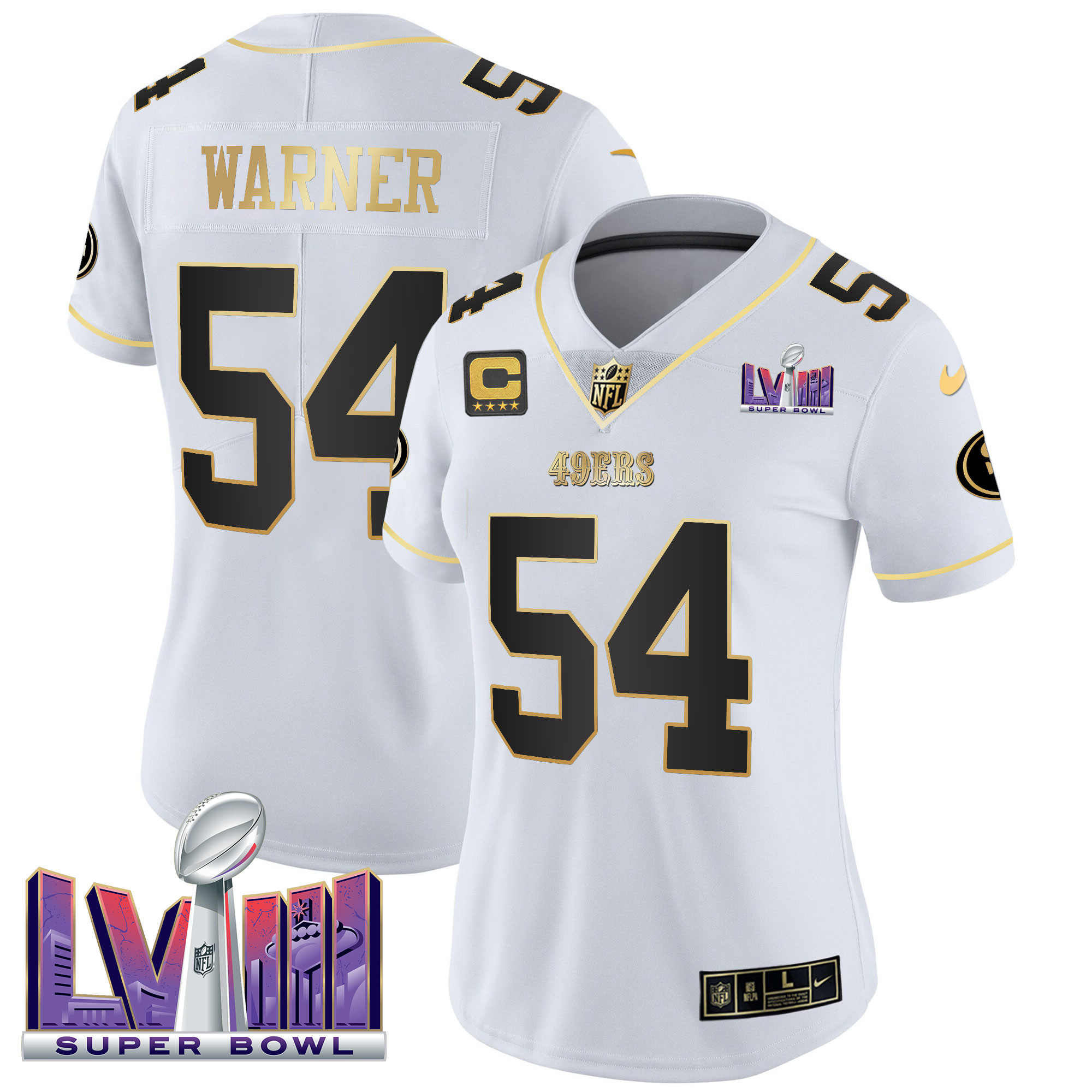 Women's Fred Warner San Francisco 49ers Super Bowl LVIII Patch Vapor White Gold Jersey V2 - All Stitched