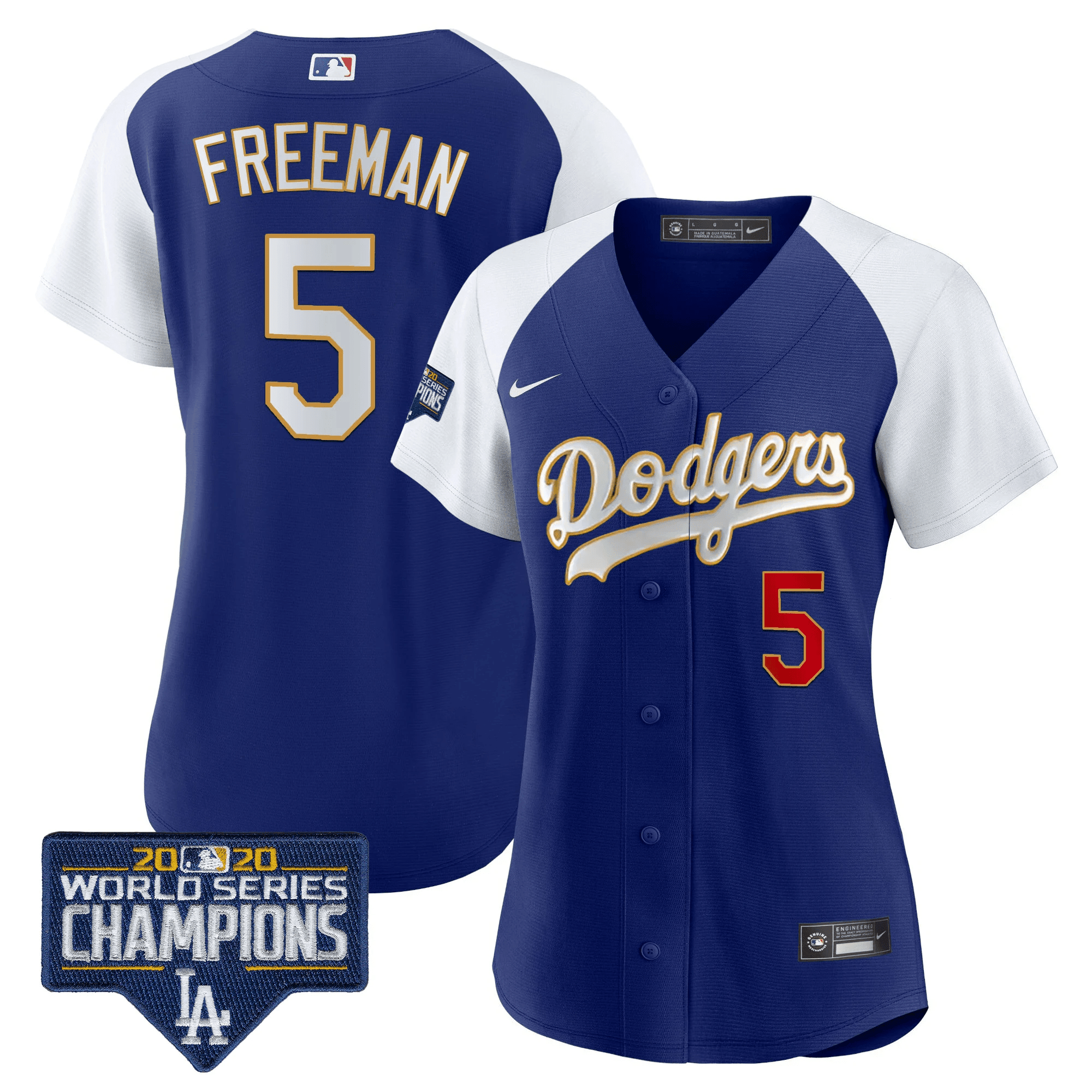 Women's Freddie Freeman Los Angeles Dodgers World Series Champions Patch Gold Trim Alternate Royal Jersey - All Stitched