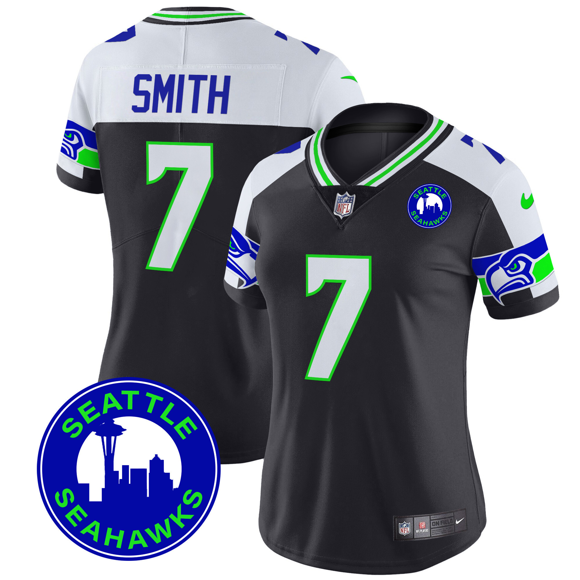 Women's Geno Smith Seattle Seahawks 2024 Seattle City Patch Vapor Limited Black Alternate Jersey - All Stitched