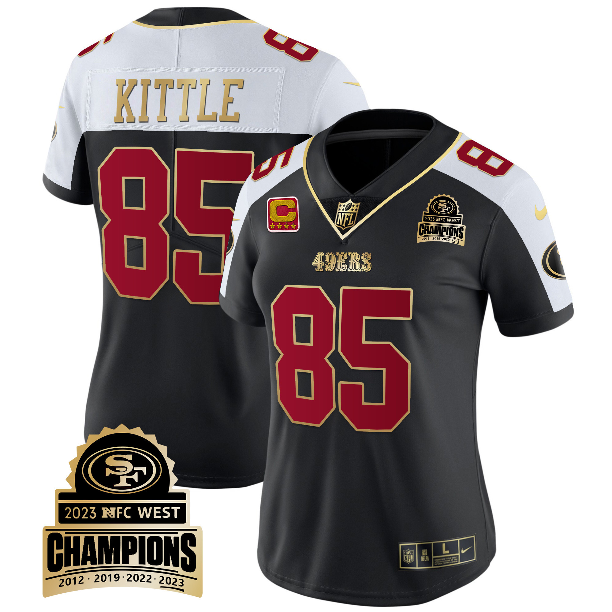 Women's George Kittle San Francisco 49ers 2023 NFC West Champions Patch Vapor Black Alternate Jersey V4 - All Stitched