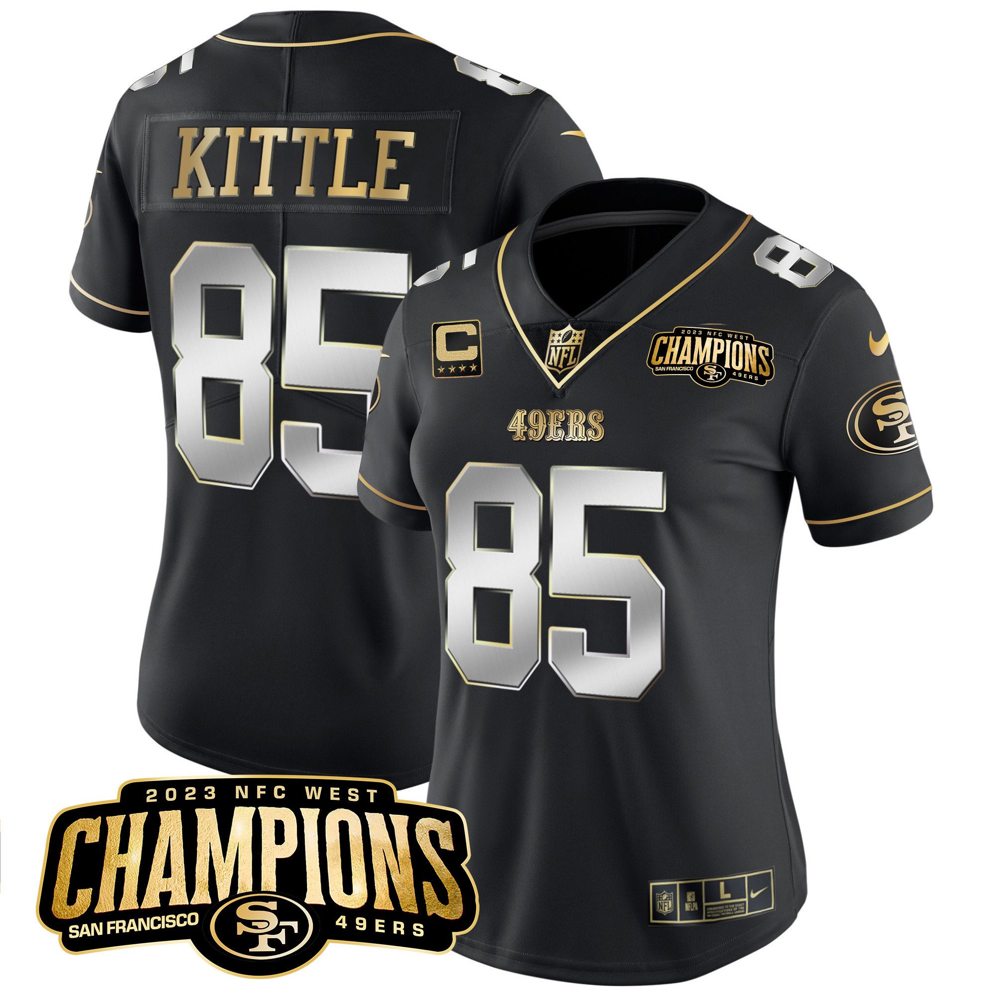 Women's George Kittle San Francisco 49ers 2023 NFC West Champions Patch Vapor Black Limited Jersey V2 - All Stitched