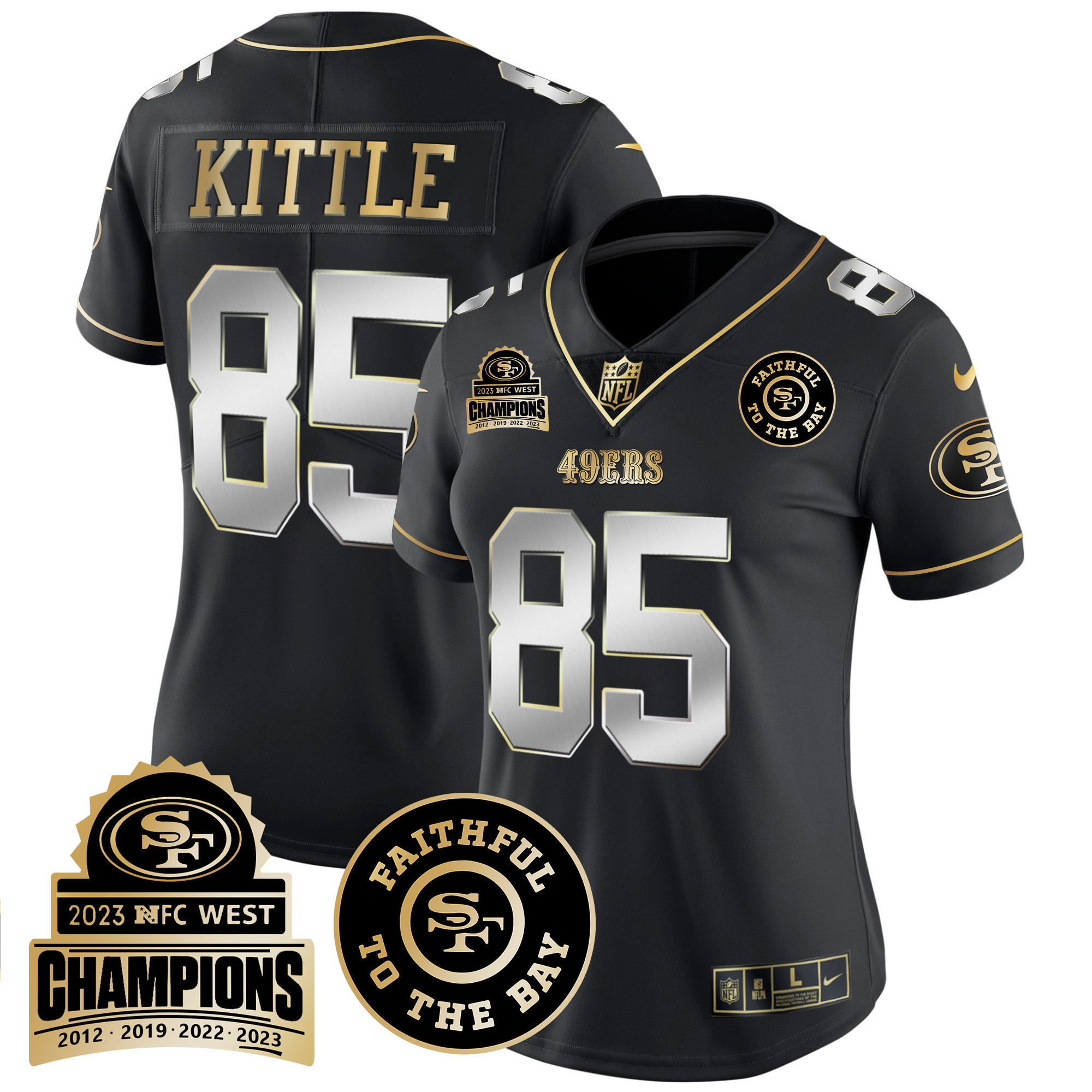 Women's George Kittle San Francisco 49ers 2023 NFC West Champions Patch Vapor Black Limited Jersey V3 - All Stitched